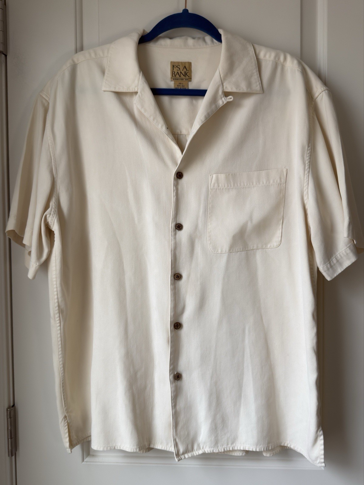 Jos A Bank Men’s 100% Silk Button Up Short Sleeve Cream Ivory Shirt Large