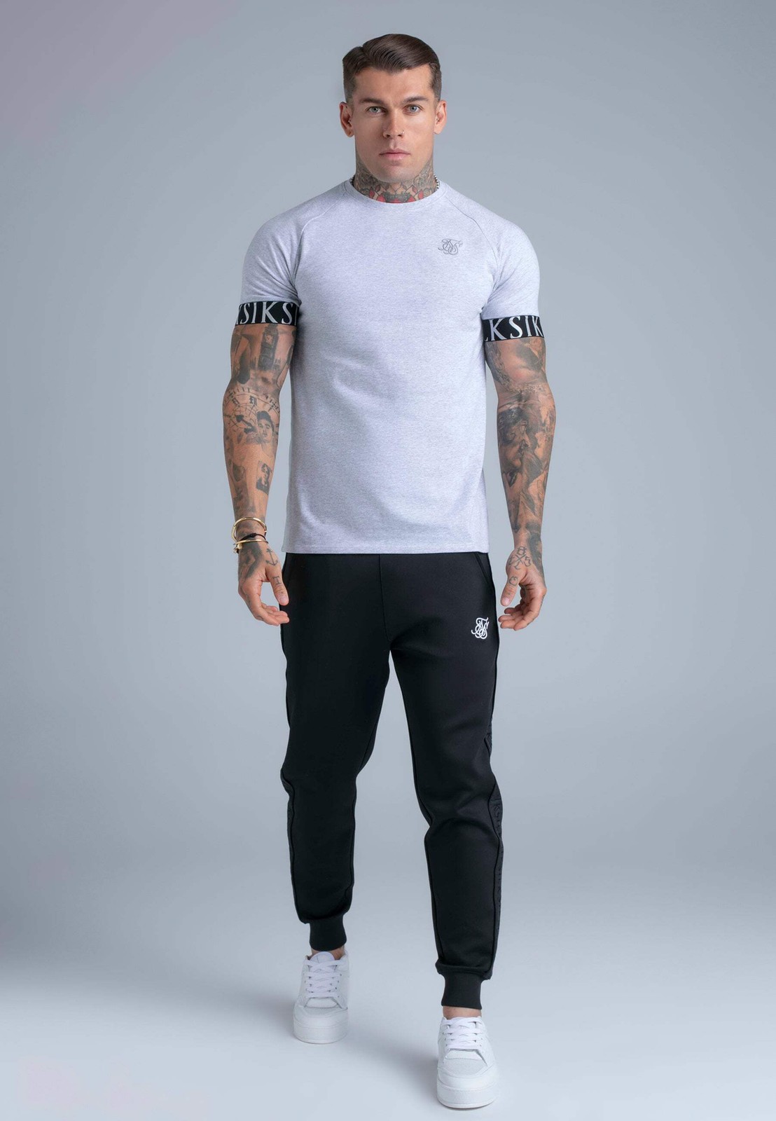SikSilk Men’s Muscle Fit Short Sleeved Tech T-Shirt Tee Grey Marl