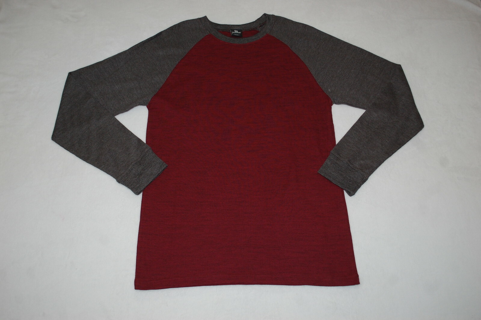 Mens L/S Raglan Tee Shirt BURGUNDY & CHARCOAL GRAY MARLED Waffle Knit XL 46-48
