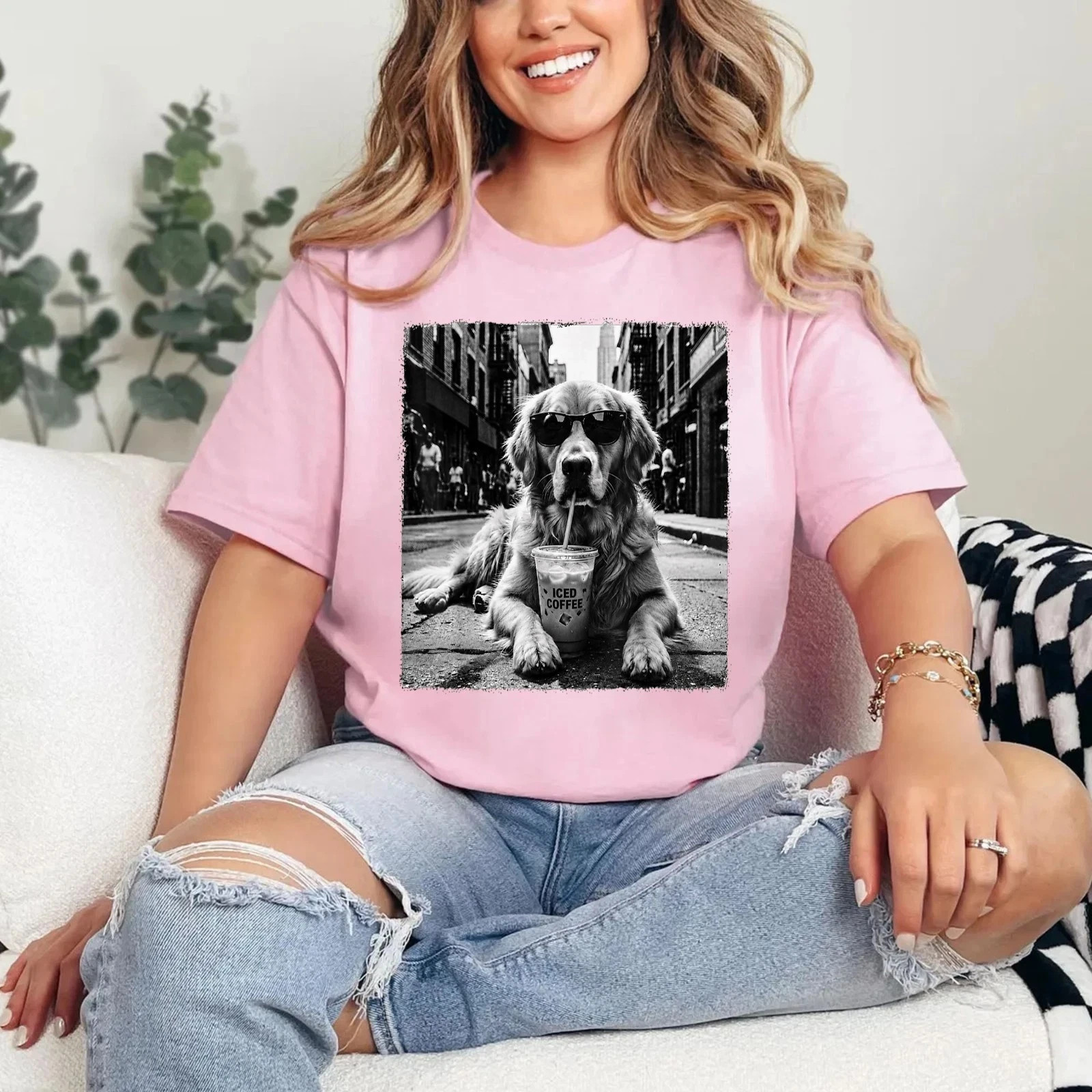 Golden Retriever Drinking Iced Milk Coffee Dog Lover Art Humor Unisex T-Shirt