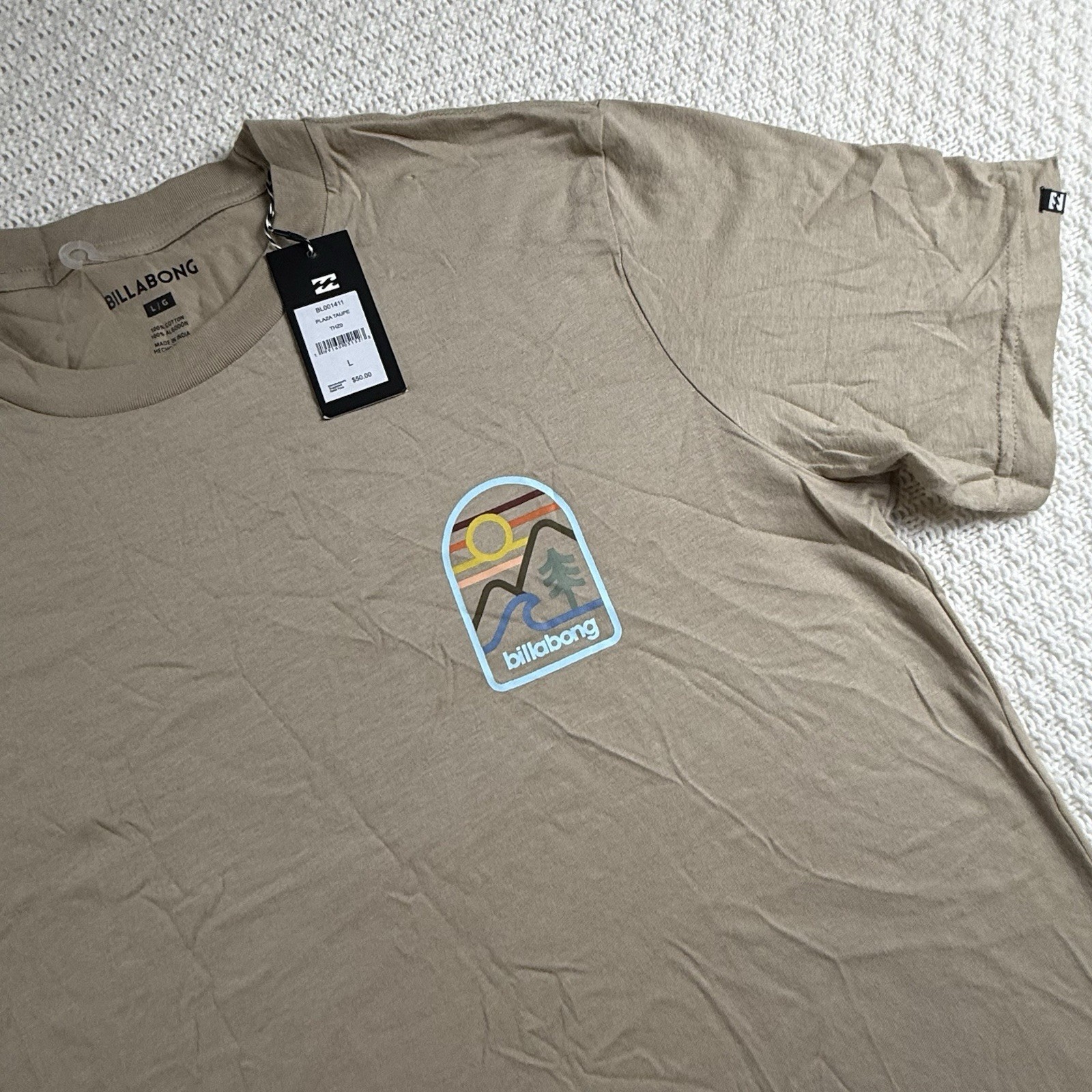 Billabong Men’s Sz L Tan Retro Stripes Graphic Surf T-Shirt 100% Cotton Casual
