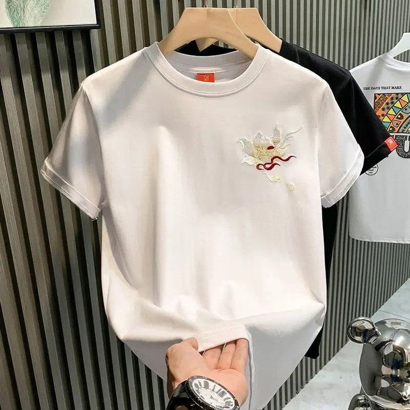 Men’s Mythical Dragon Kirin Embroidery Short Sleeve Casual Summer T-Shirt