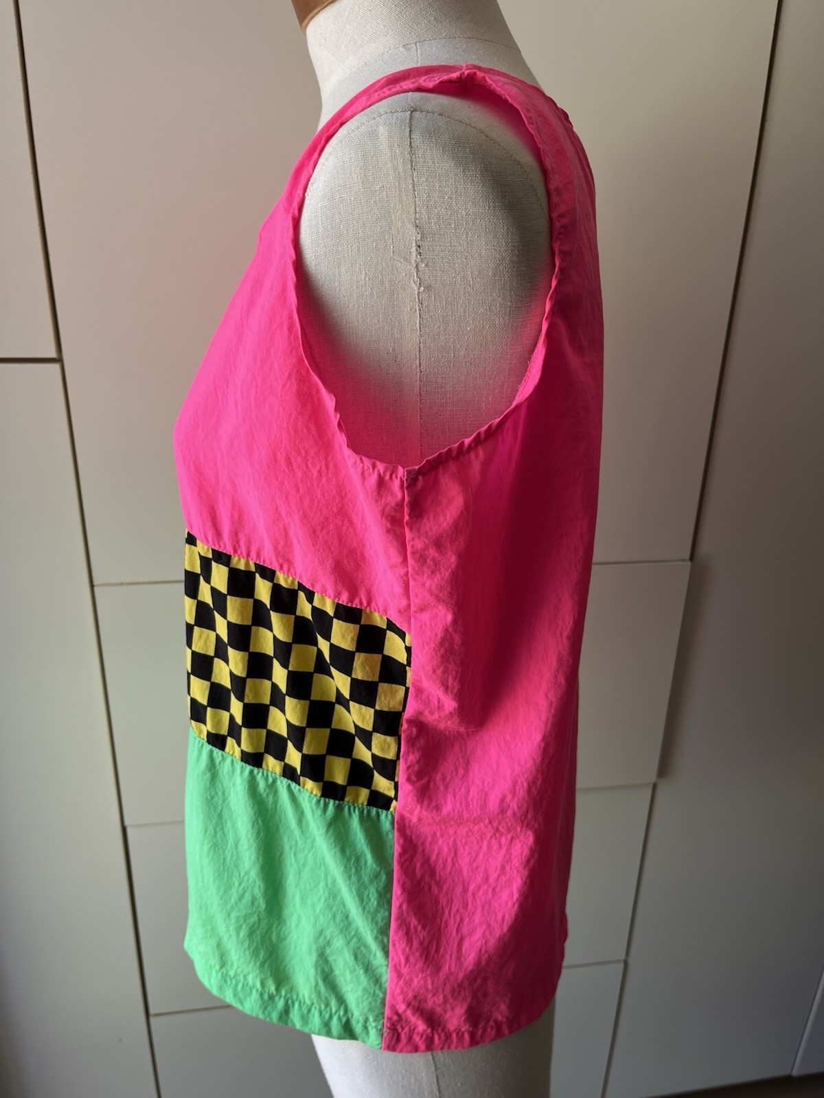 Vintage Gitano Neon Sleeveless Shirt- Colorblock Pink Yellow Green Nylon- Medium