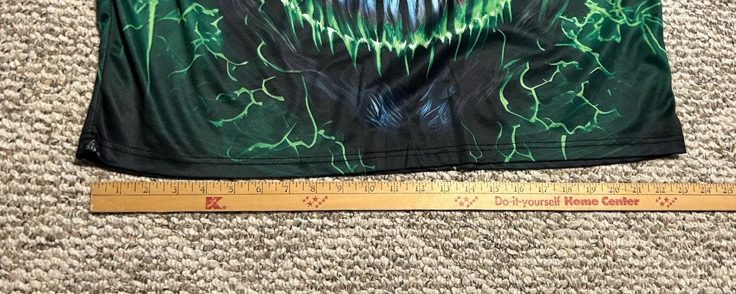 Green Flaming Skull All Over Print T-shirt XL Polyester Spandex