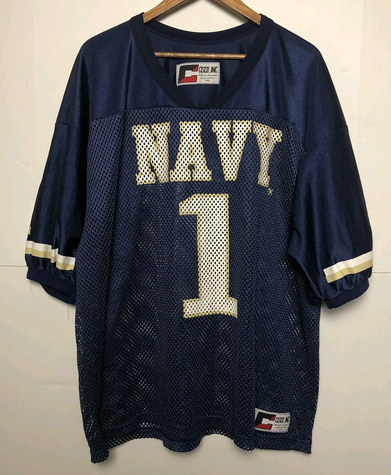 Vintage 90s US Navy Football Jersey Mens 2XL Blue Mesh Satin Cisco Inc 26×30