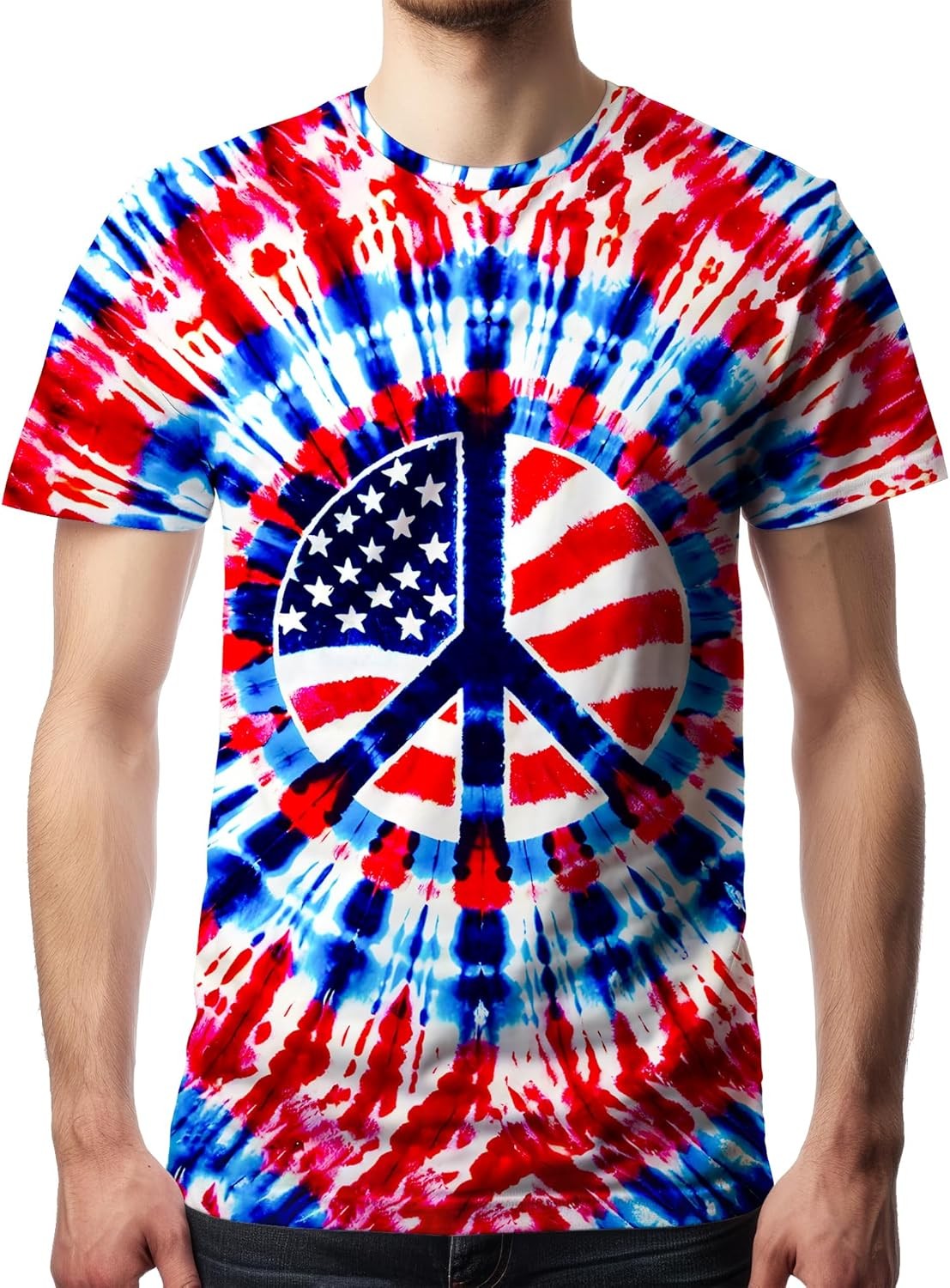 Men’s Tie Dye Short Sleeve T-Shirt Vintage Hippie Style Polyester Crew Neck Tee