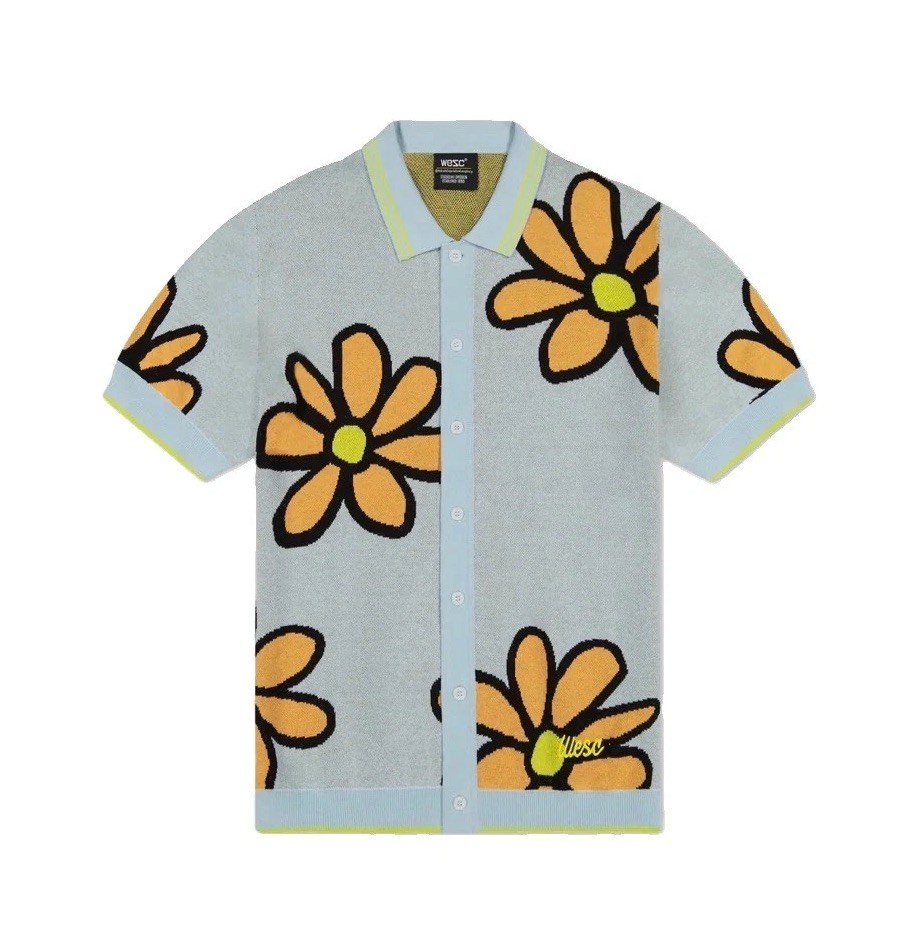 WeSC Mens M Polo Cardigan Retro Floral Jacquard Knit NWT Coastal Vacation Beach