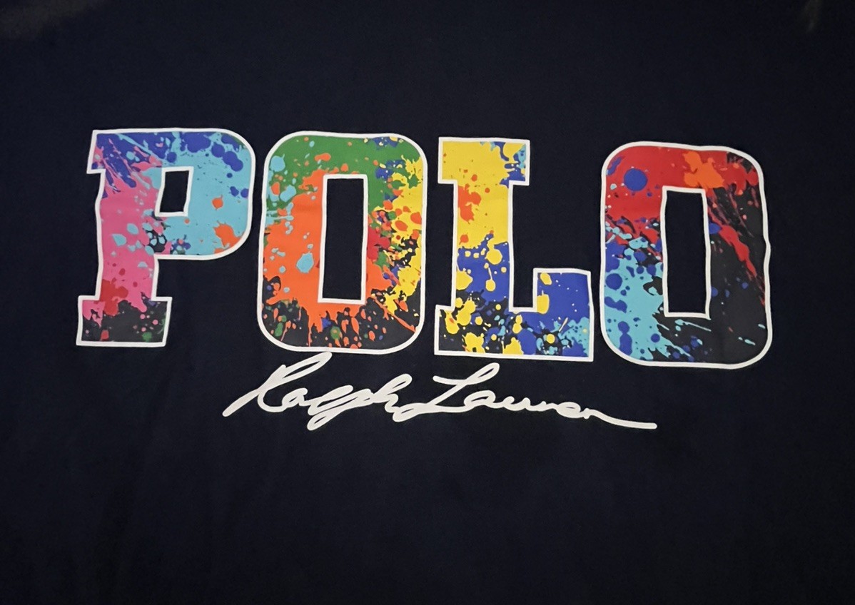 Polo Ralph Lauren Men’s Paint Splatter Spell Out T-Shirt in Blue 2XS / 2TG EUC