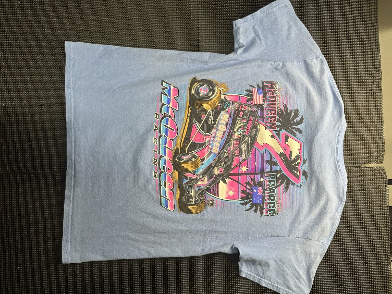 McQueen Racing Sprint Car Tee Large Blue Vaporwave Neon Racing Shirt Retro