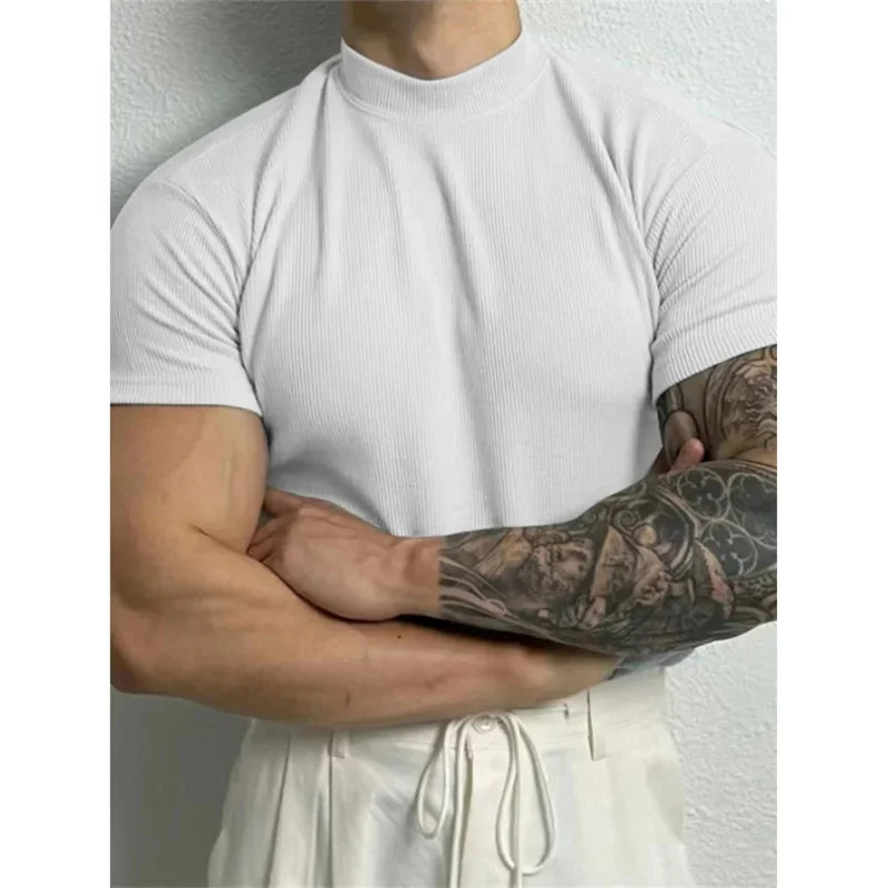 Men T Shirt Stripe Print Short Sleeve Elastic Fit High Collar Sport Gym Training