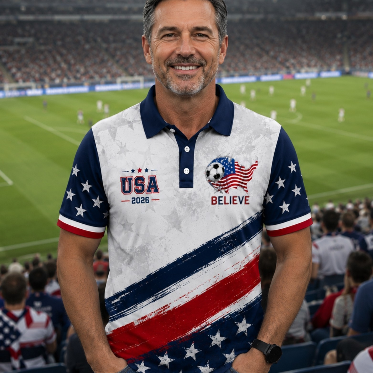 American Soccer Golf Shirt Men USA Patriotic Flag Soccer Fan July 4th Tee(S-5XL)