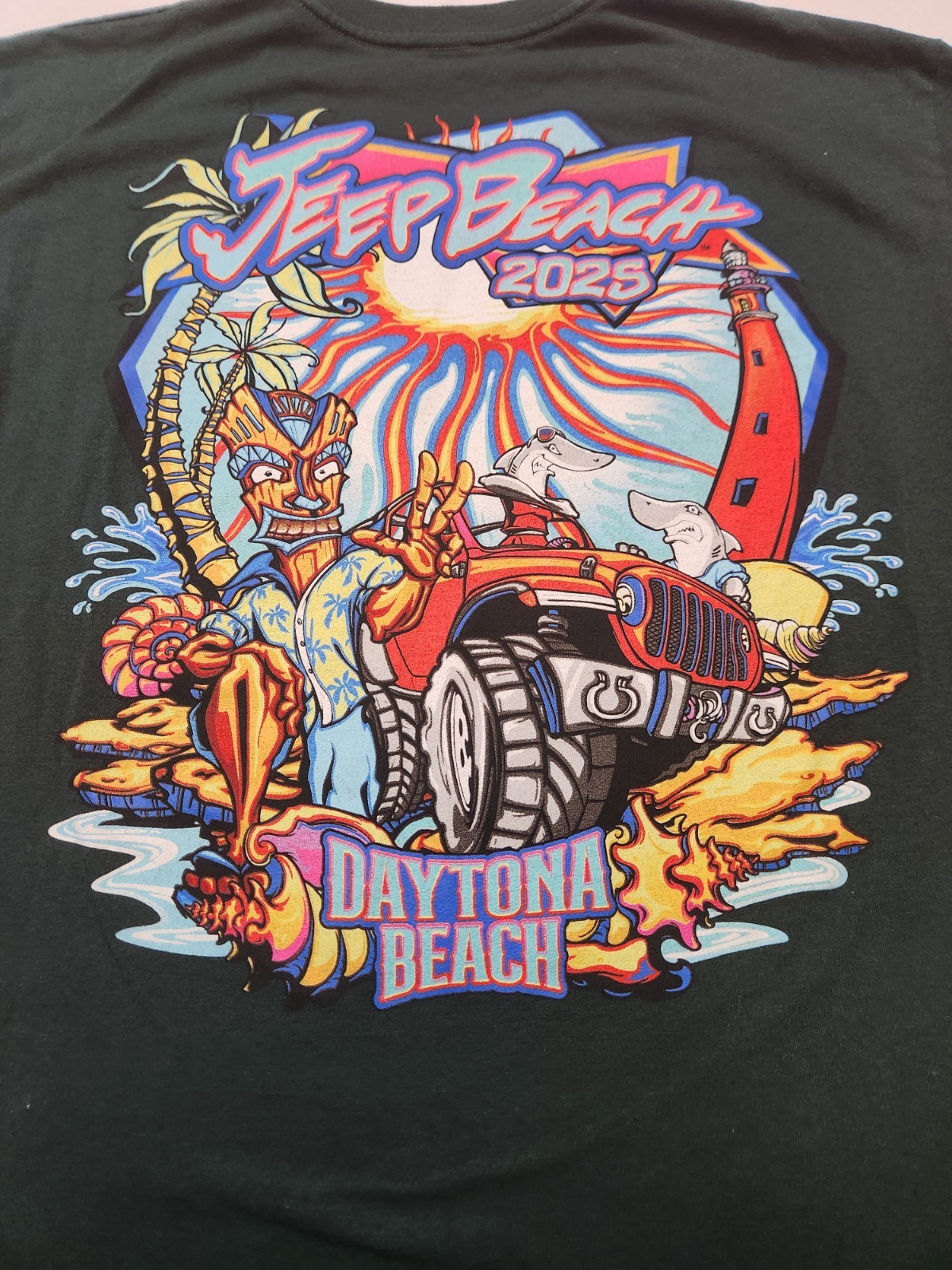 Jeep Beach 2025 Daytona Beach Florida Tiki & Sharks Scene Green T-Shirt L