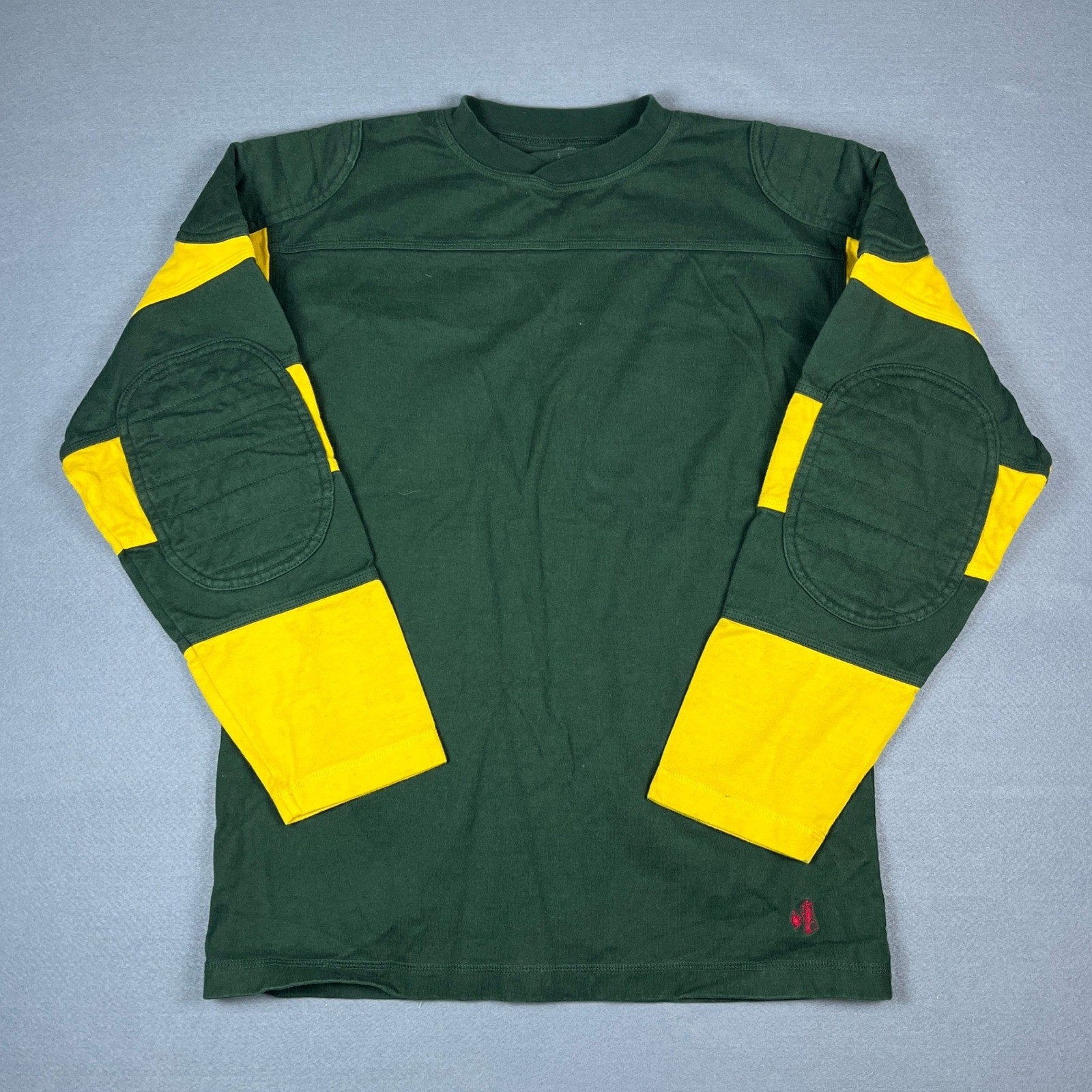 J Peterman Mens Green Yellow Quilted Patch Long Sleeve Rugby Jersey Shirt S