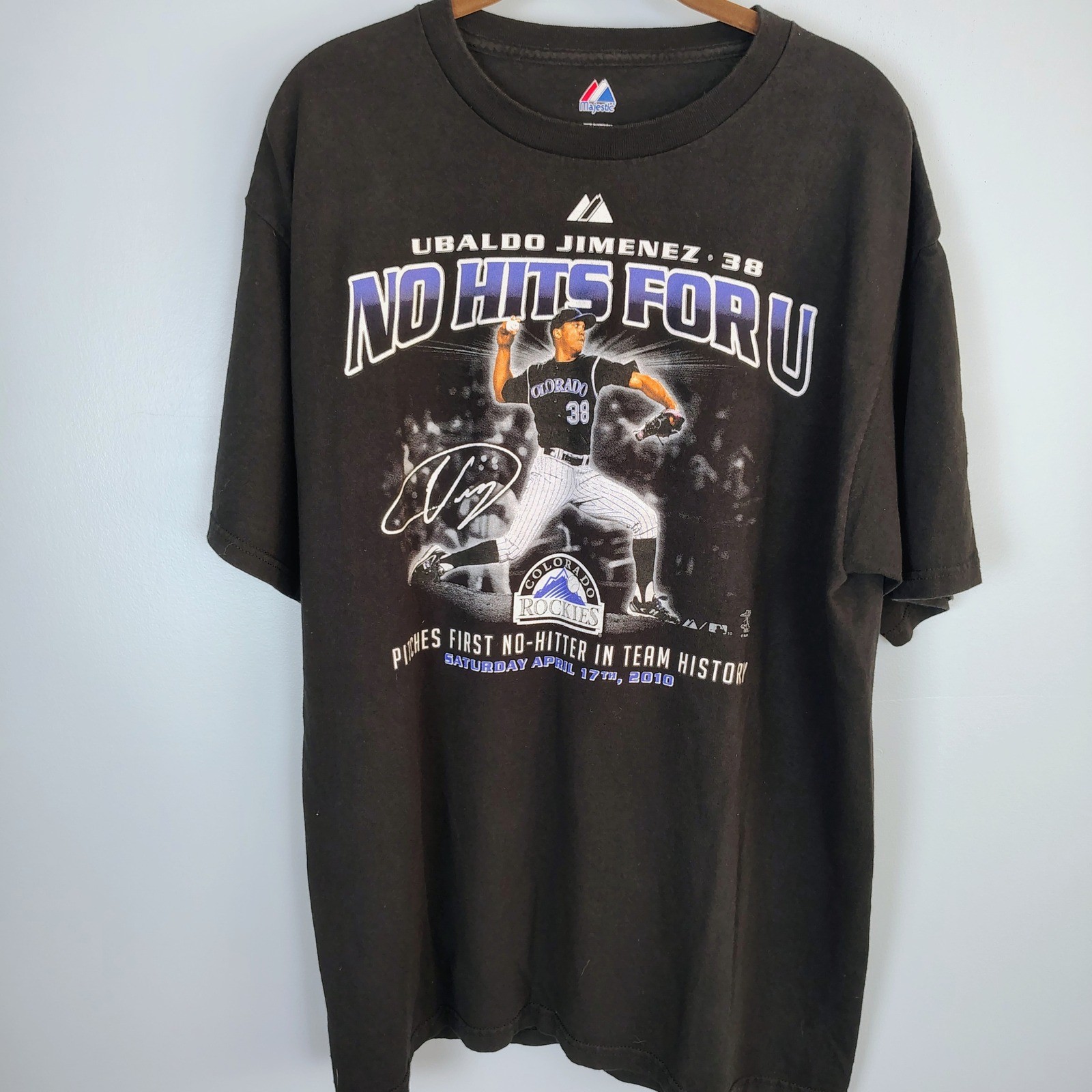 Majestic Ubaldo Jimenez Colorado Rockies No-Hitter T-Shirt Black Mens Large