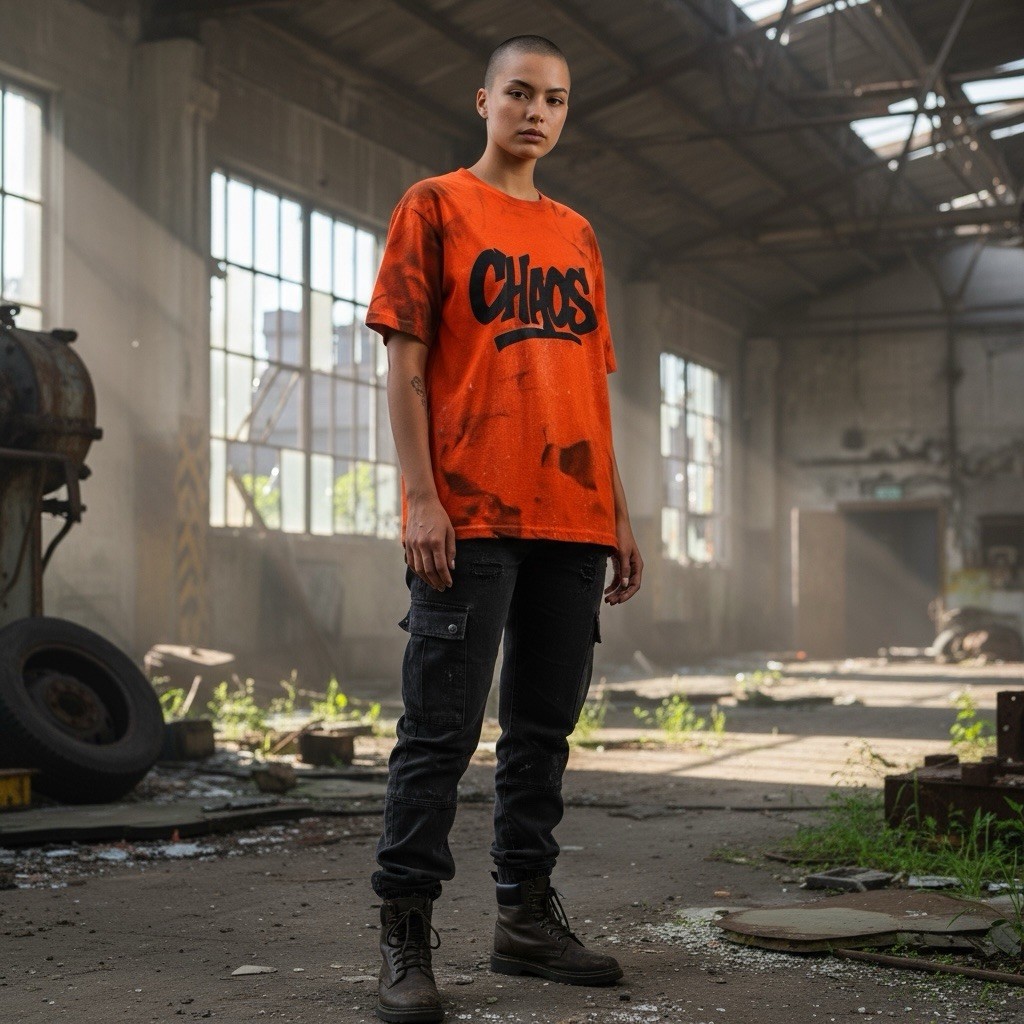 Custom Orange CHAOS Graphic Tee Handmade Spray Effect Shirt Streetwear