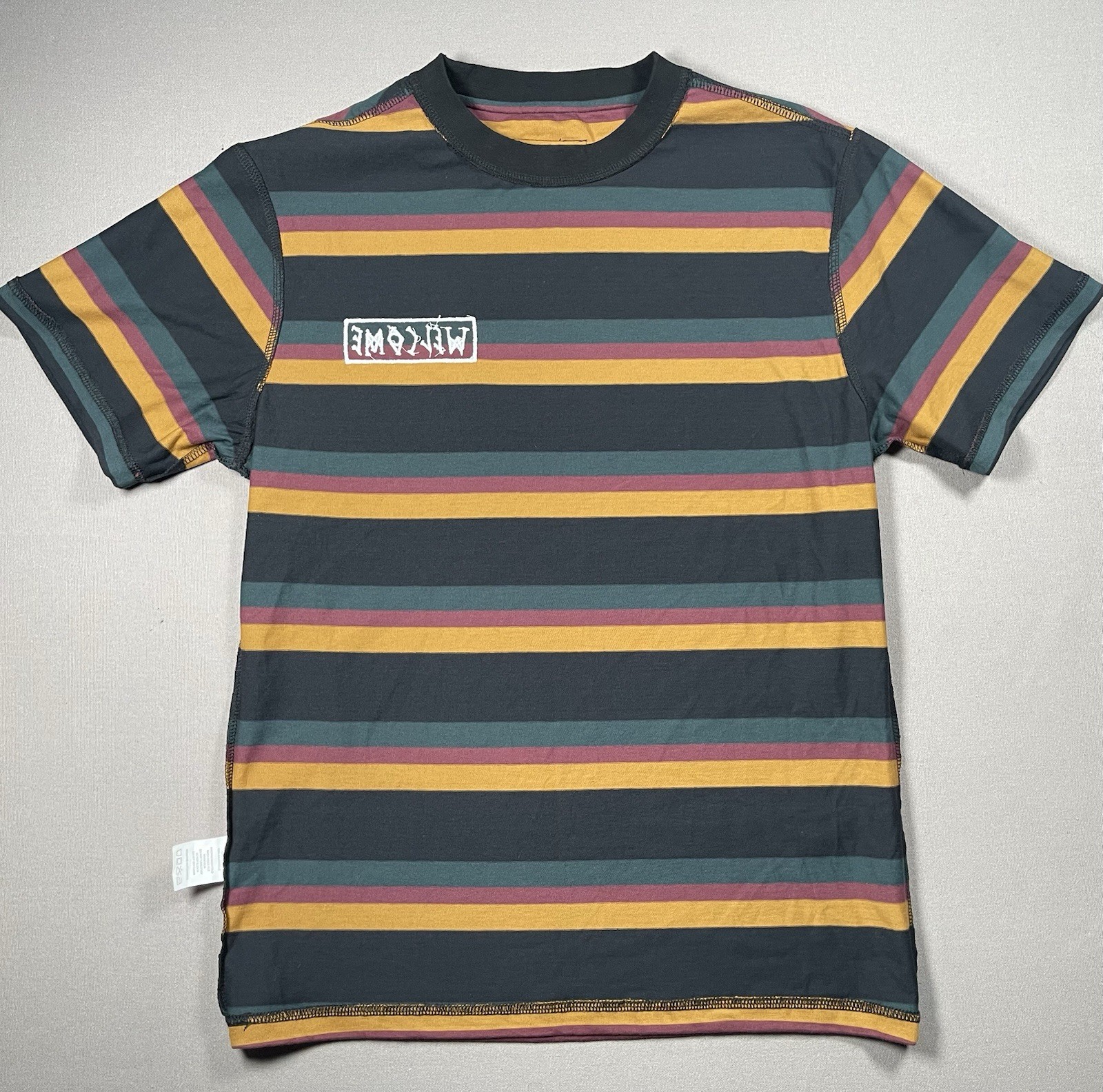 Welcome Skateboards Medius Multi Colored Black Stripe Tee Shirt- Men Size Medium