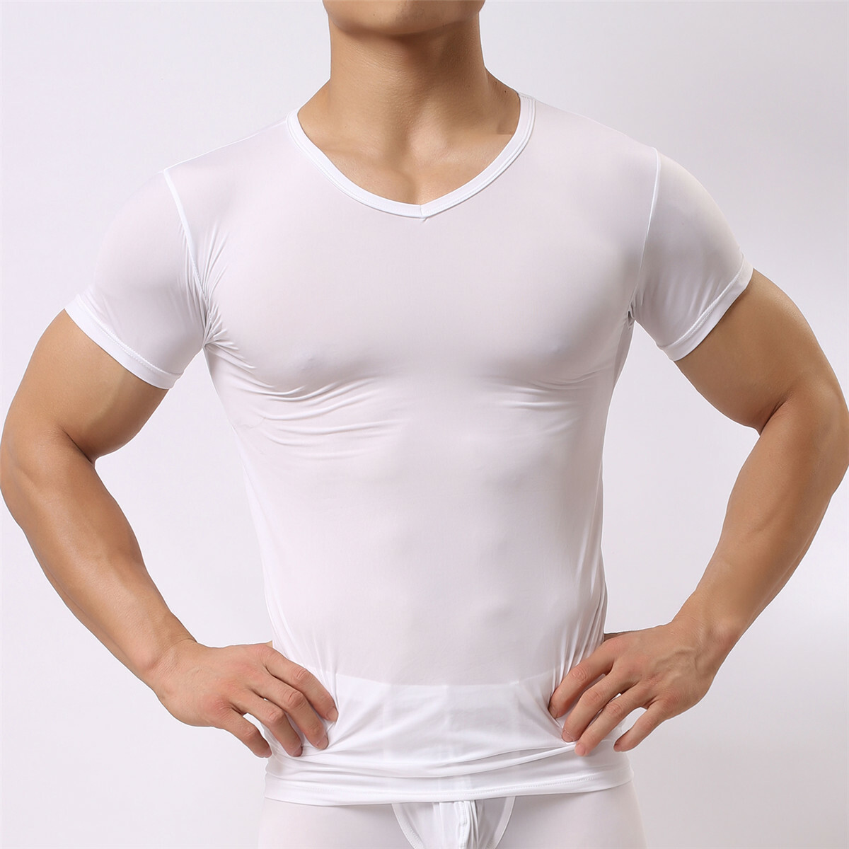 Men Smooth Gym Sport T-shirt Fitness Muscle Stretch Soft Tee Tops Clothes Basic