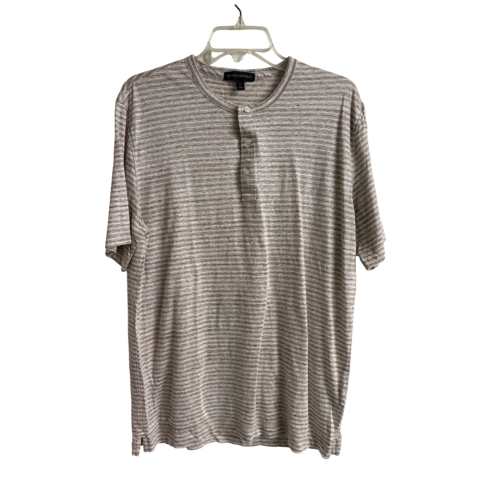 Banana Republic Mens Large Tall Linen Henley Shirt Tan Striped Short Sleeve L T