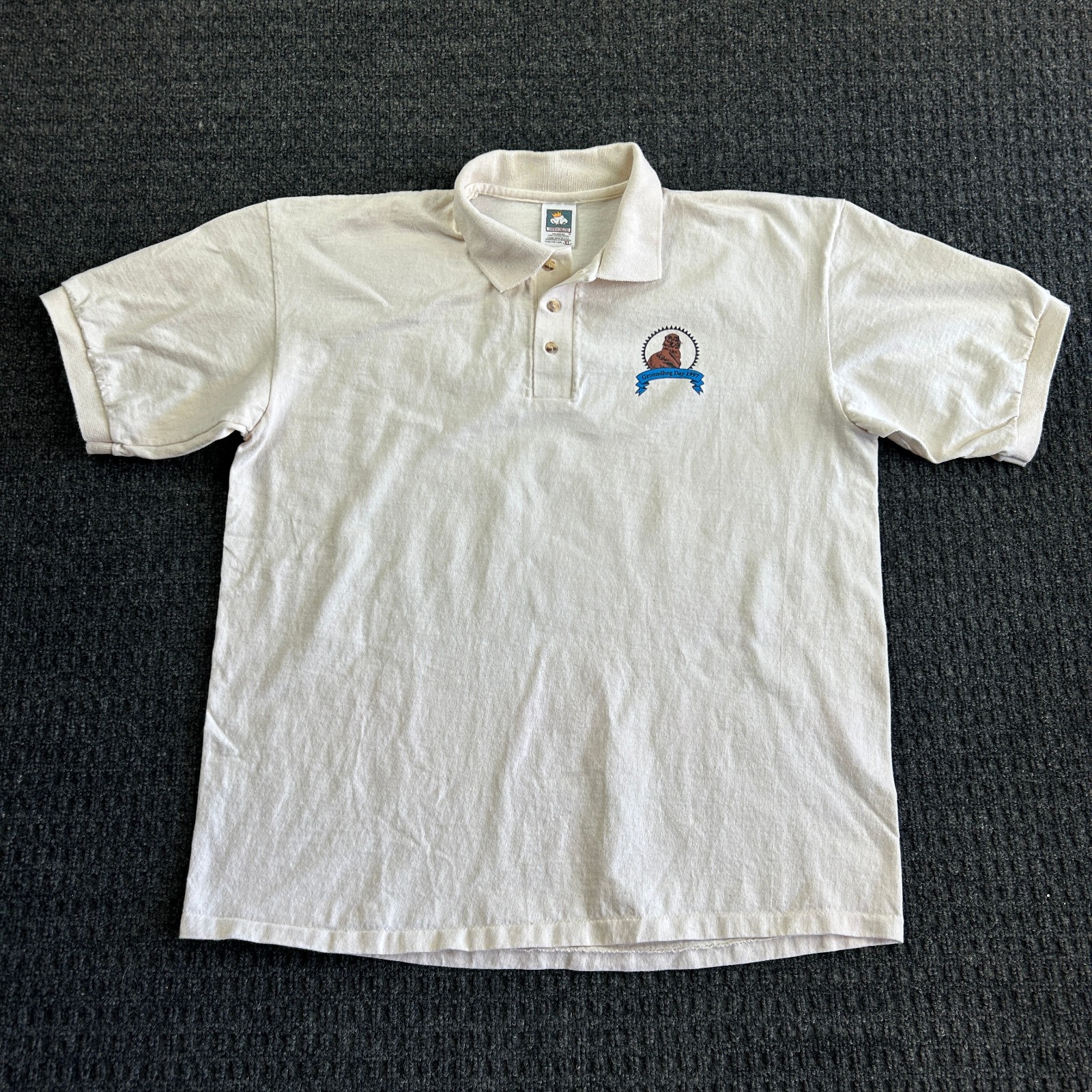Vintage Groundhog Day 1997 Punxsutawney Phil Polo Shirt Beige XL 90s Made in USA