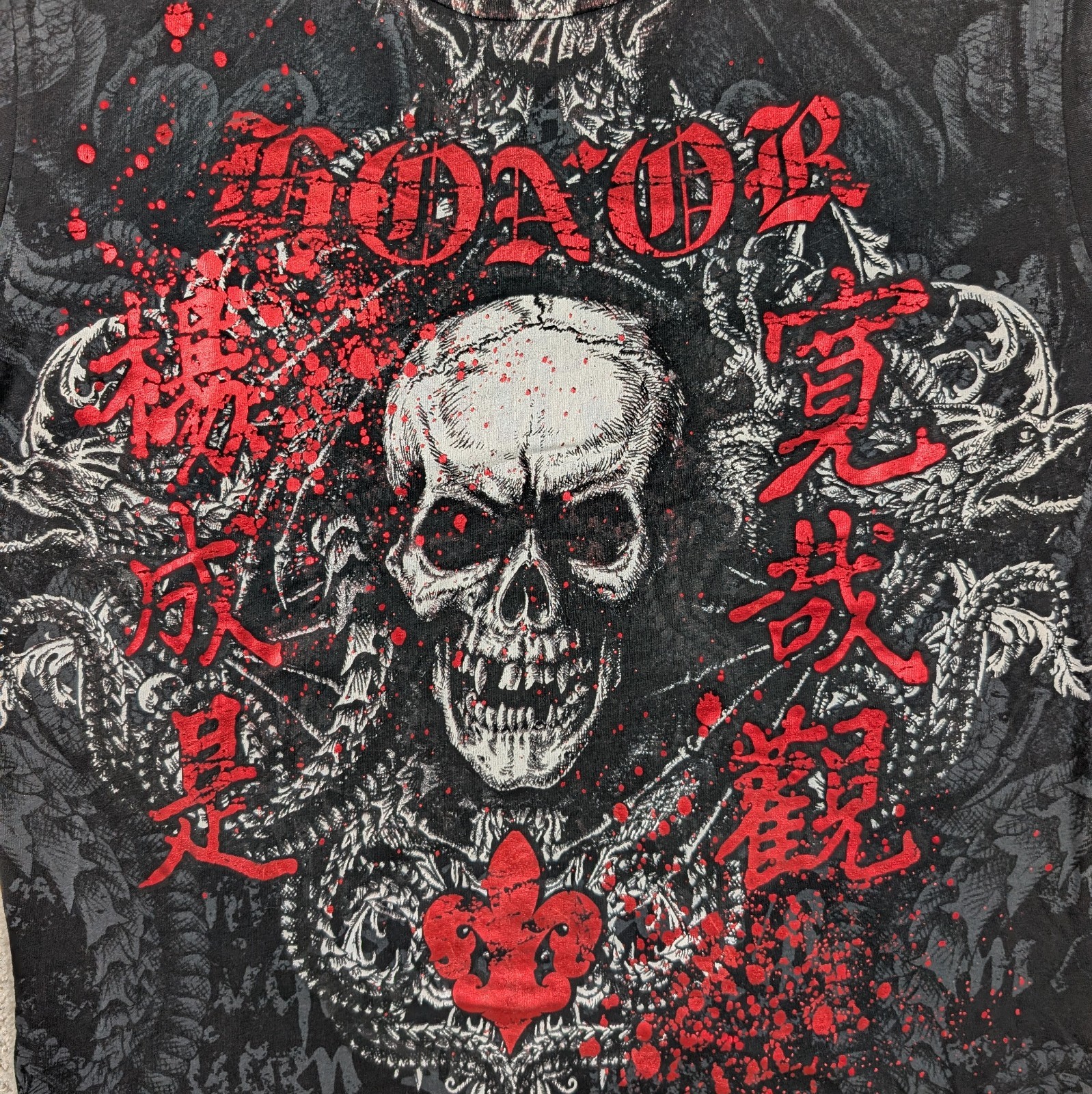 Y2K Raw State Skull Honor Men’s Small Shirt Black Red Foil Affliction Style AOP
