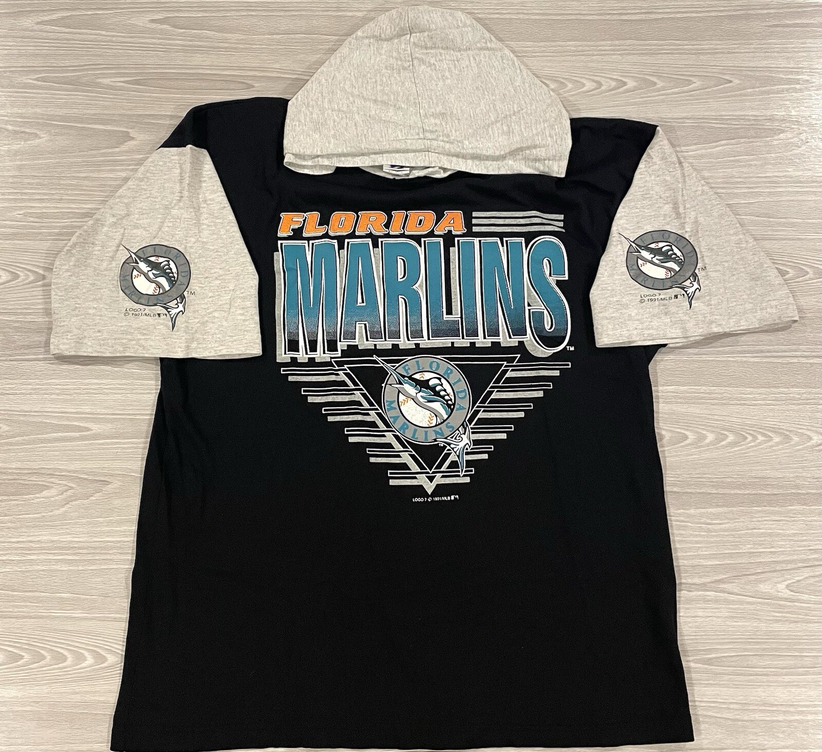 Vintage 1991 Florida Marlins Hoodie T-Shirt Black Teal Gray Logo 7 Men’s Size XL