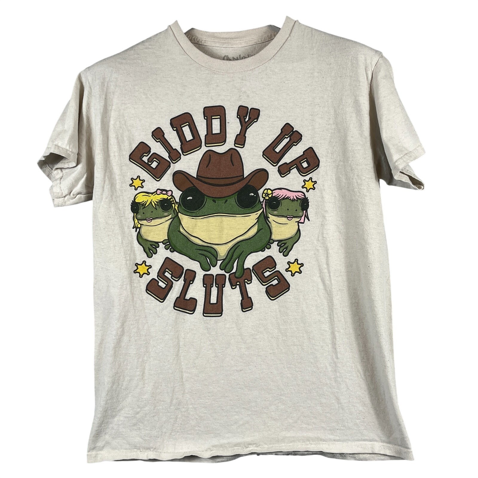 Spencers Mens Medium Giddy Up Sluts Frog Cowboy Graphic Tee Cream Funny Western