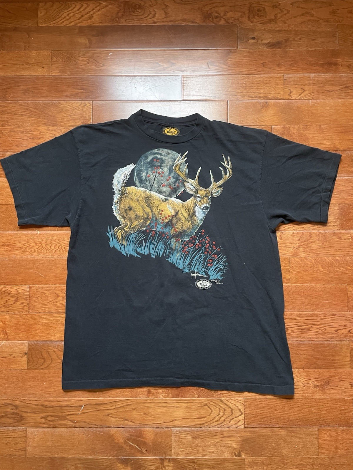 Vtg 90s Woolrich Deer Hunt T-Shirt Black Men’s XXL Single Stitch Harlequin Print