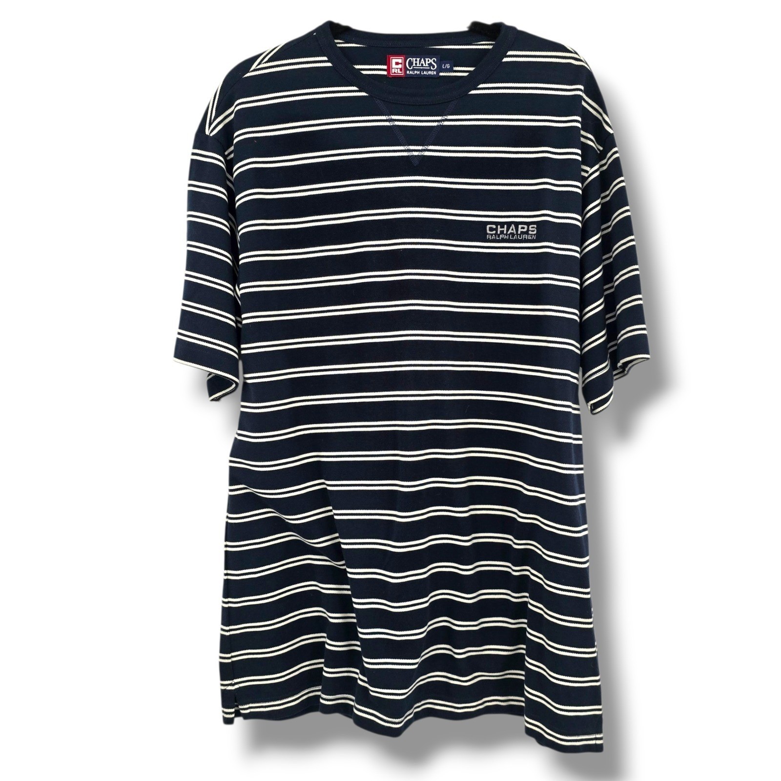 Chaps Ralph Lauren Men’s Striped T-Shirt Crew Neck Casual Top Navy Large Vintage