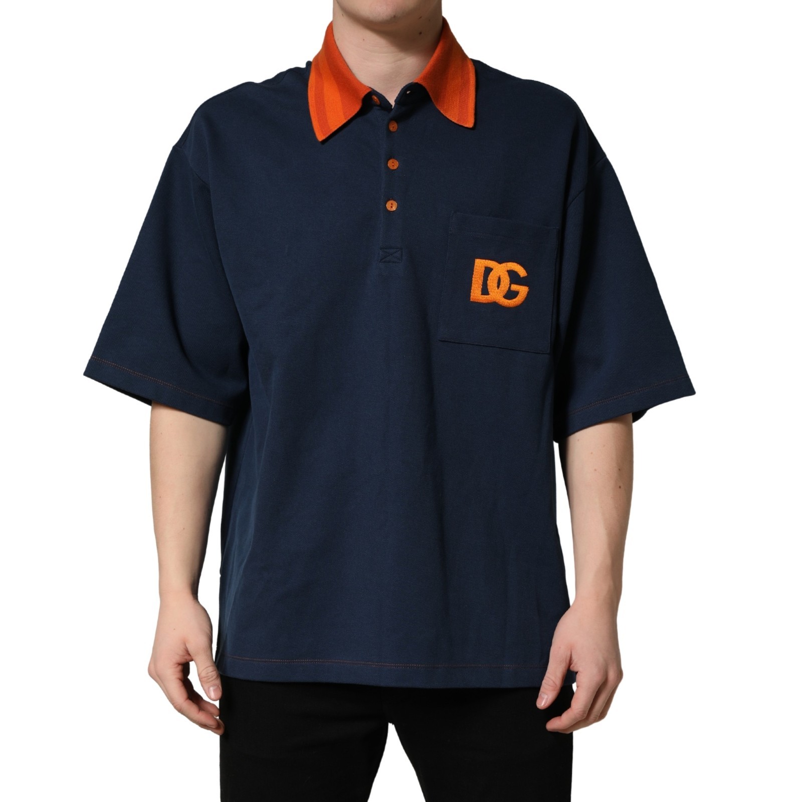 DOLCE & GABBANA T-shirt Navy Blue Cotton Logo Short Sleeves Men Polo IT48/US38/M