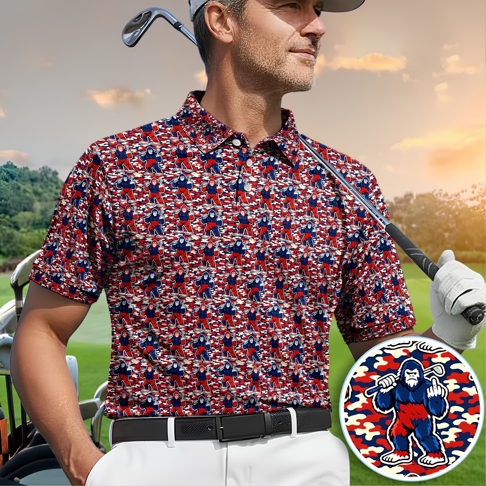 Patriotic Bigfoot Golf Shirt, Red White Blue Camo Sasquatch Polo Top (S-5XL)