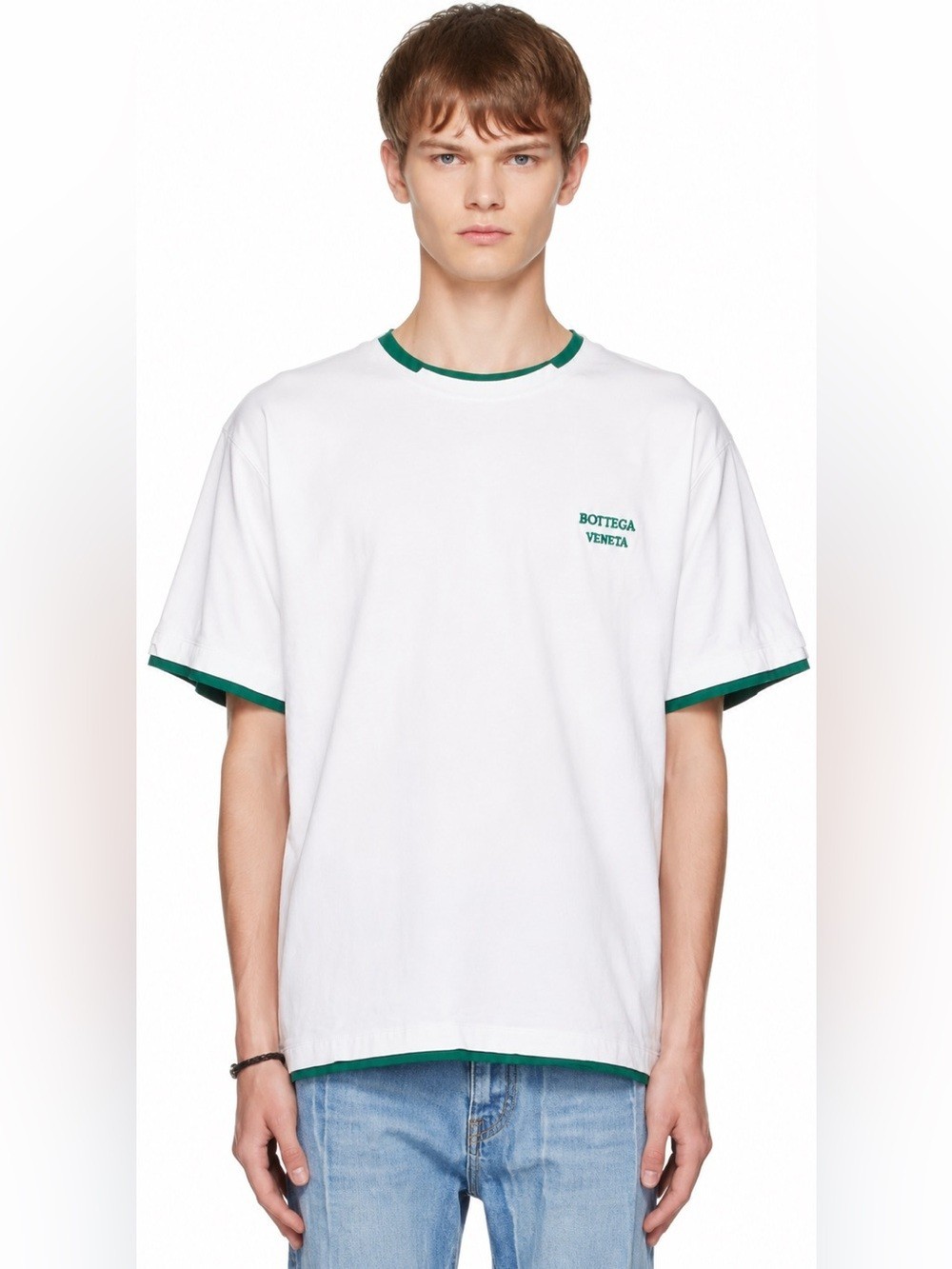 Bottega Veneta white cotton crewneck relaxed t-shirt green trim men M women L