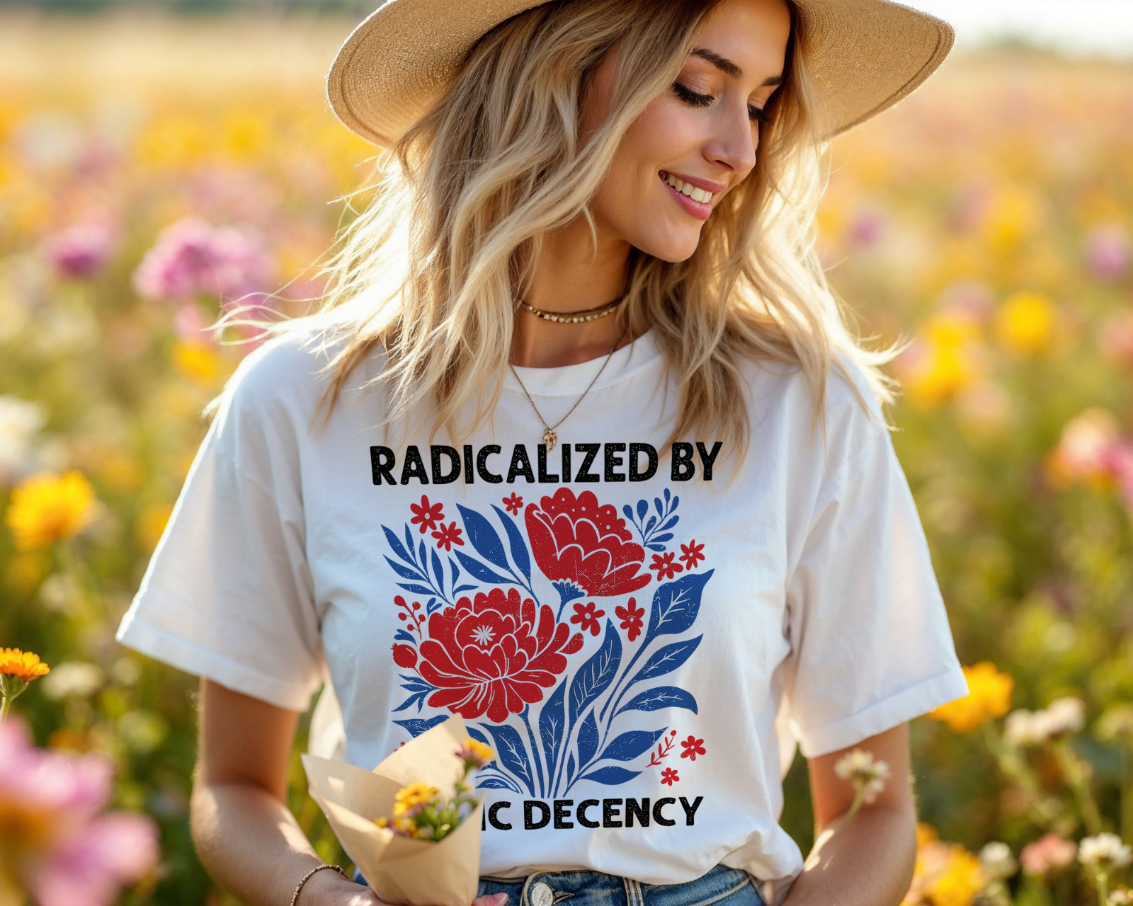 Radicalized by Basic Decency T-Shirt Political Activism Floral Equality A83