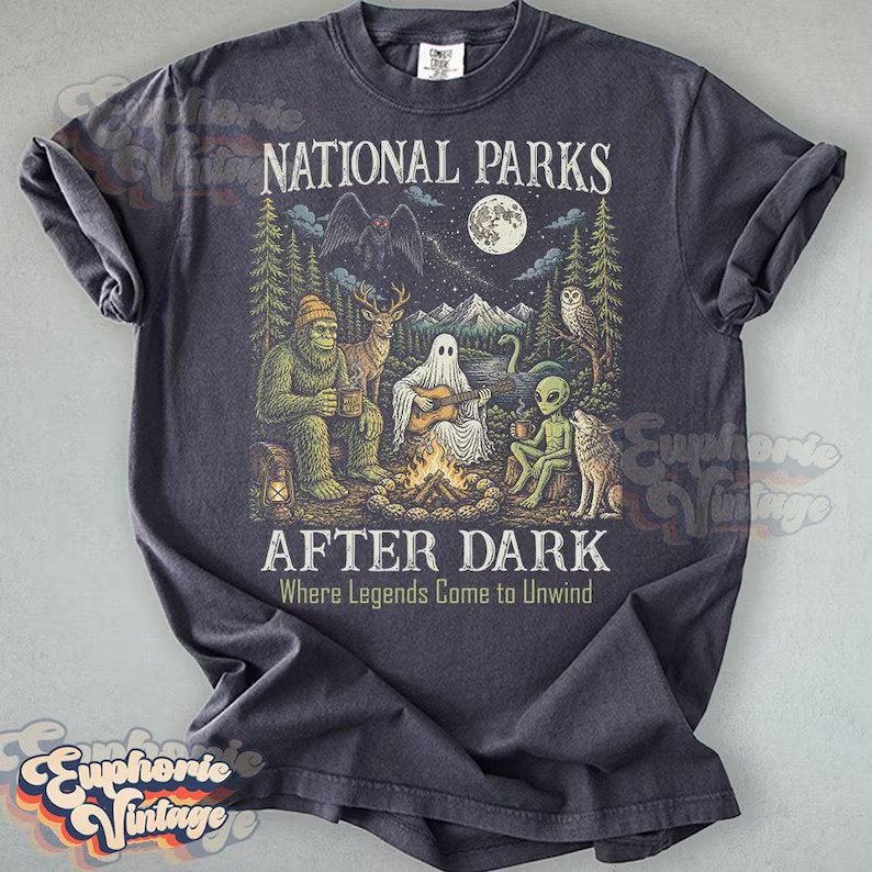 National Parks After Dark Cryptid Shirt Bigfoot Ghost Alien Tee Gildan Unisex