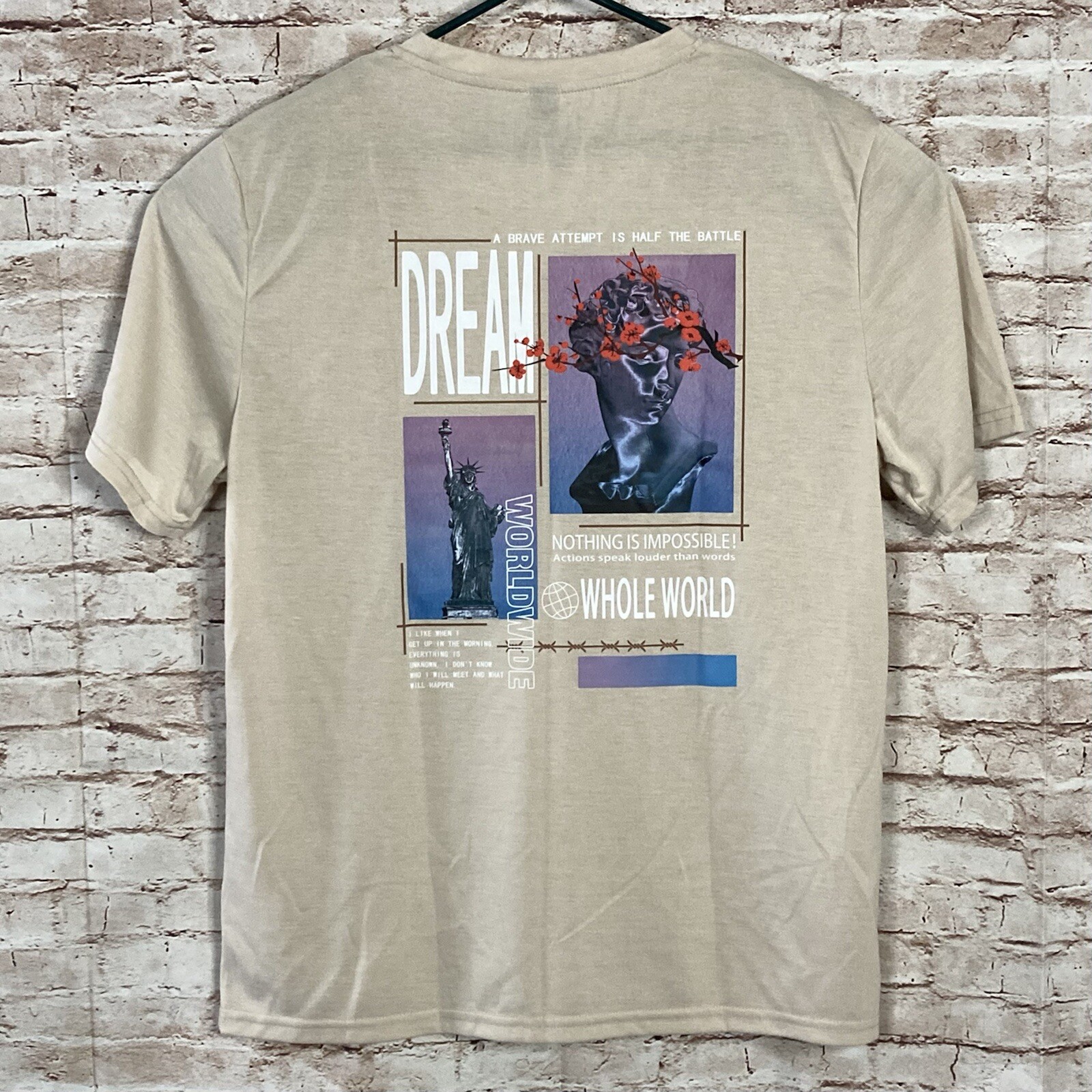 ROMWE Nothings Impossible Whole World Beige Large T-Shirt New Tee