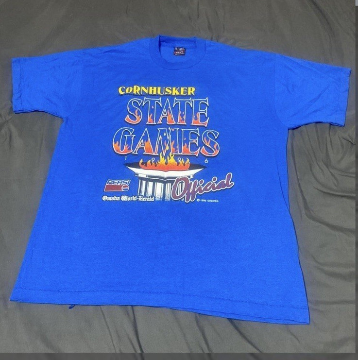 Fruit of the Loom 1990s Cornhusker State Games Omaha Blue Graphic Tee Men’s XL