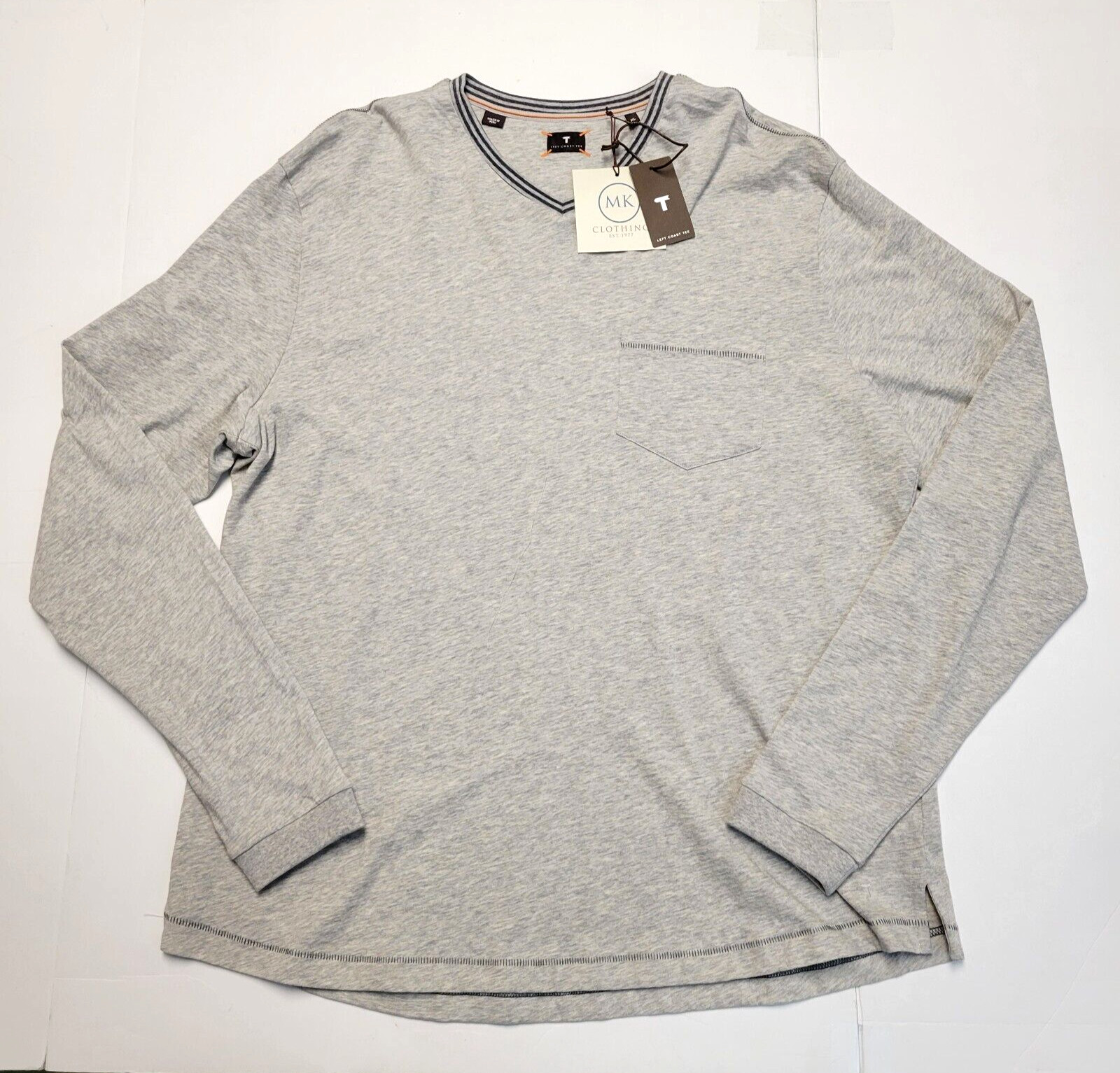 $125 New LEFT COAST TEE V-Neck Shirt L/S Cotton Men’s XL X-LARGE Gray Pocket