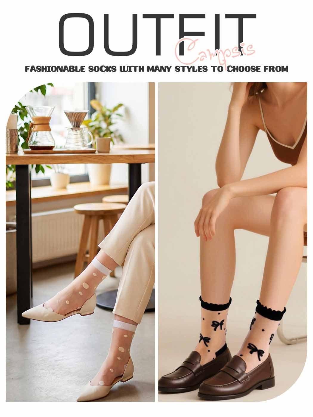 Womens Sheer Ankle Socks Polka Dot Bow Pattern 4 Pairs Black White