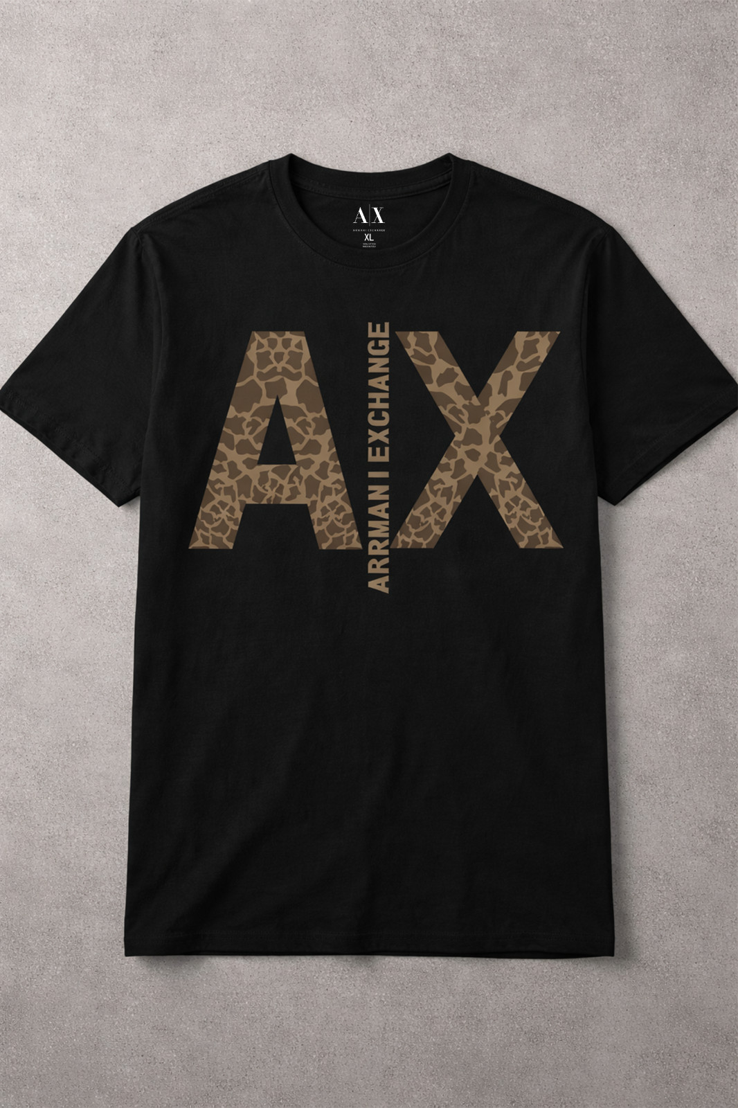 Armani Exchange Animal Print Logo Black Brown Crew Neck Short Sleeve T-Shirt
