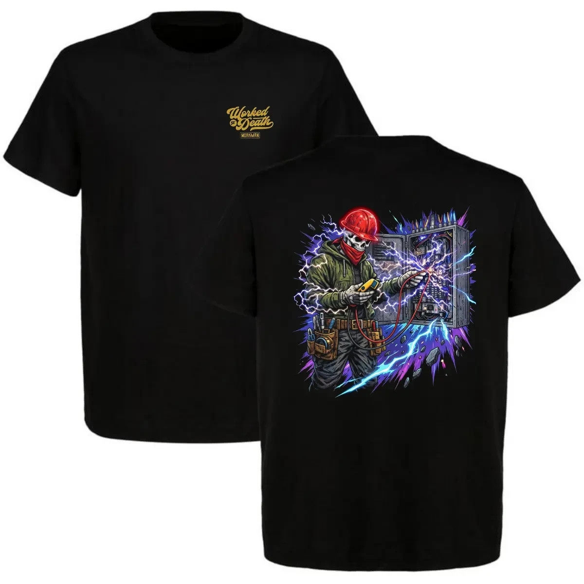 Worked To Death Electrician Skeleton Working on Panel with Lightning T-Shirt