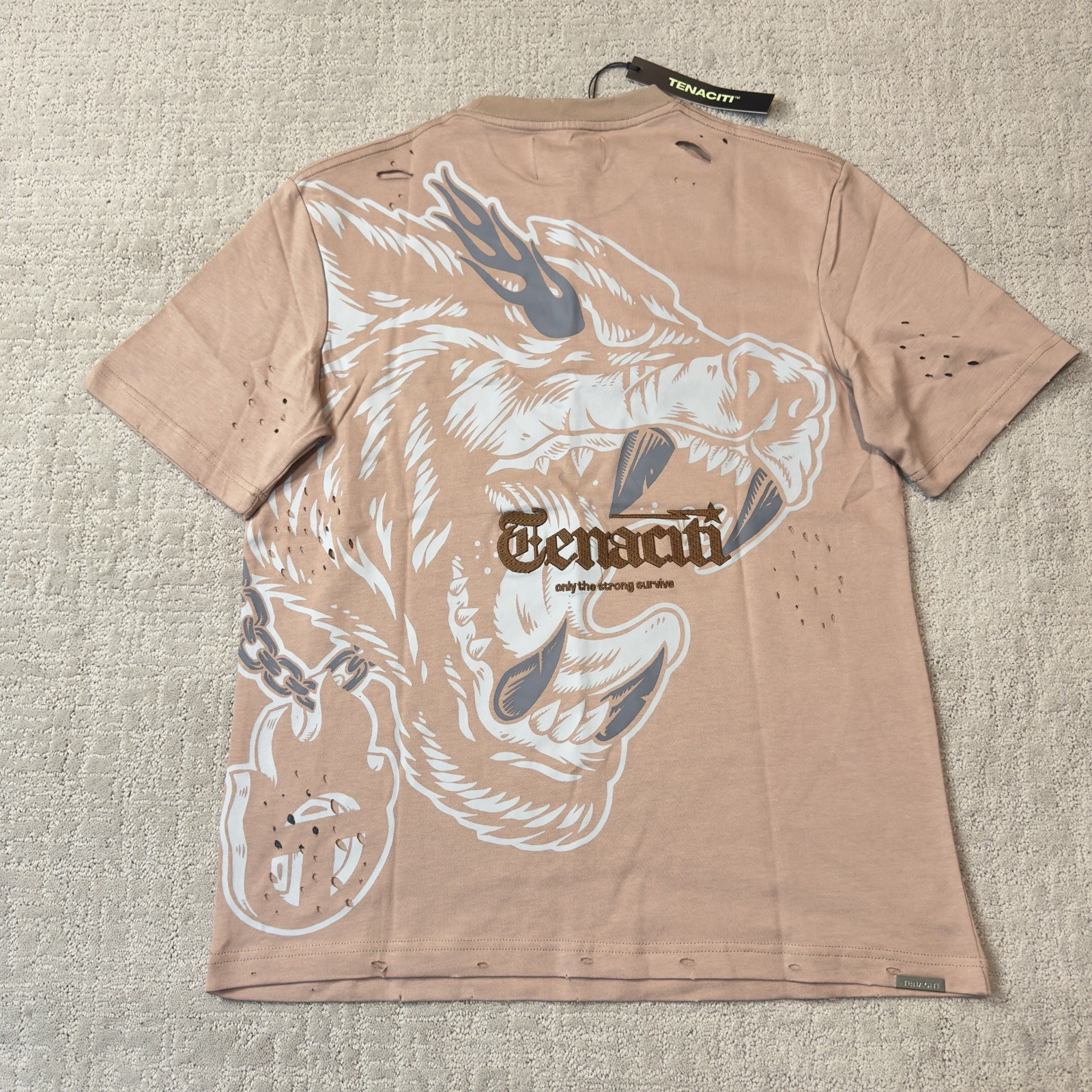 Mauve Tenaciti Distressed graphic embroidered t shirt size small tagged in bag