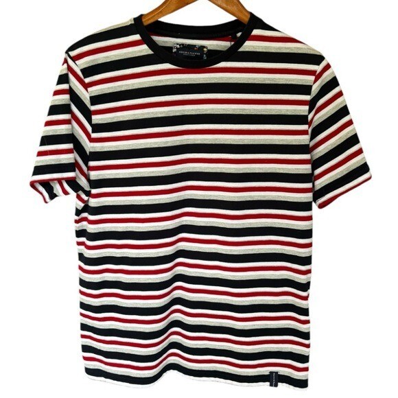 Denim & Flower Navy Blue, Red, White & Gray Striped T Shirt Size Large Crew Neck