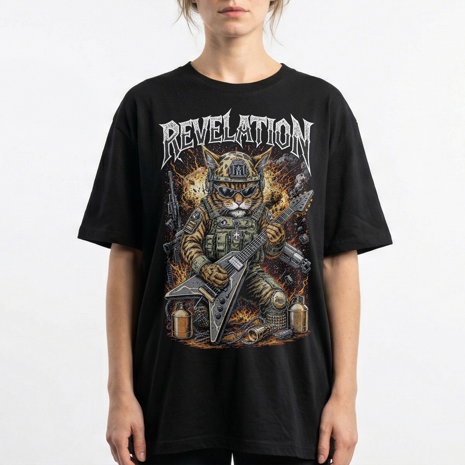 Army Cat Soldier Tactical Gear War Heavy Metal Band Tee Shirt Vintage Unisex