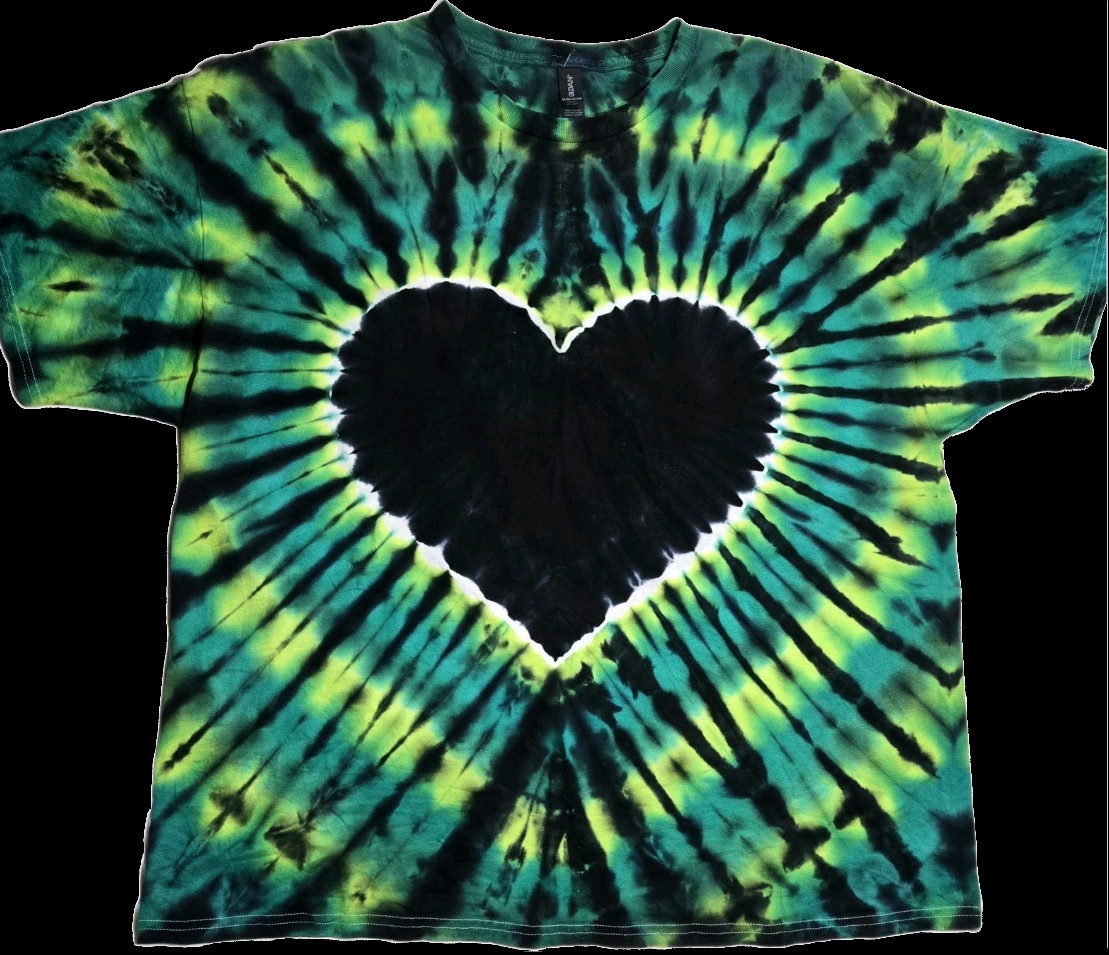 Adult Unisex Tie Dye Shirt Black Green Heart (On Front & Back) Made to Order