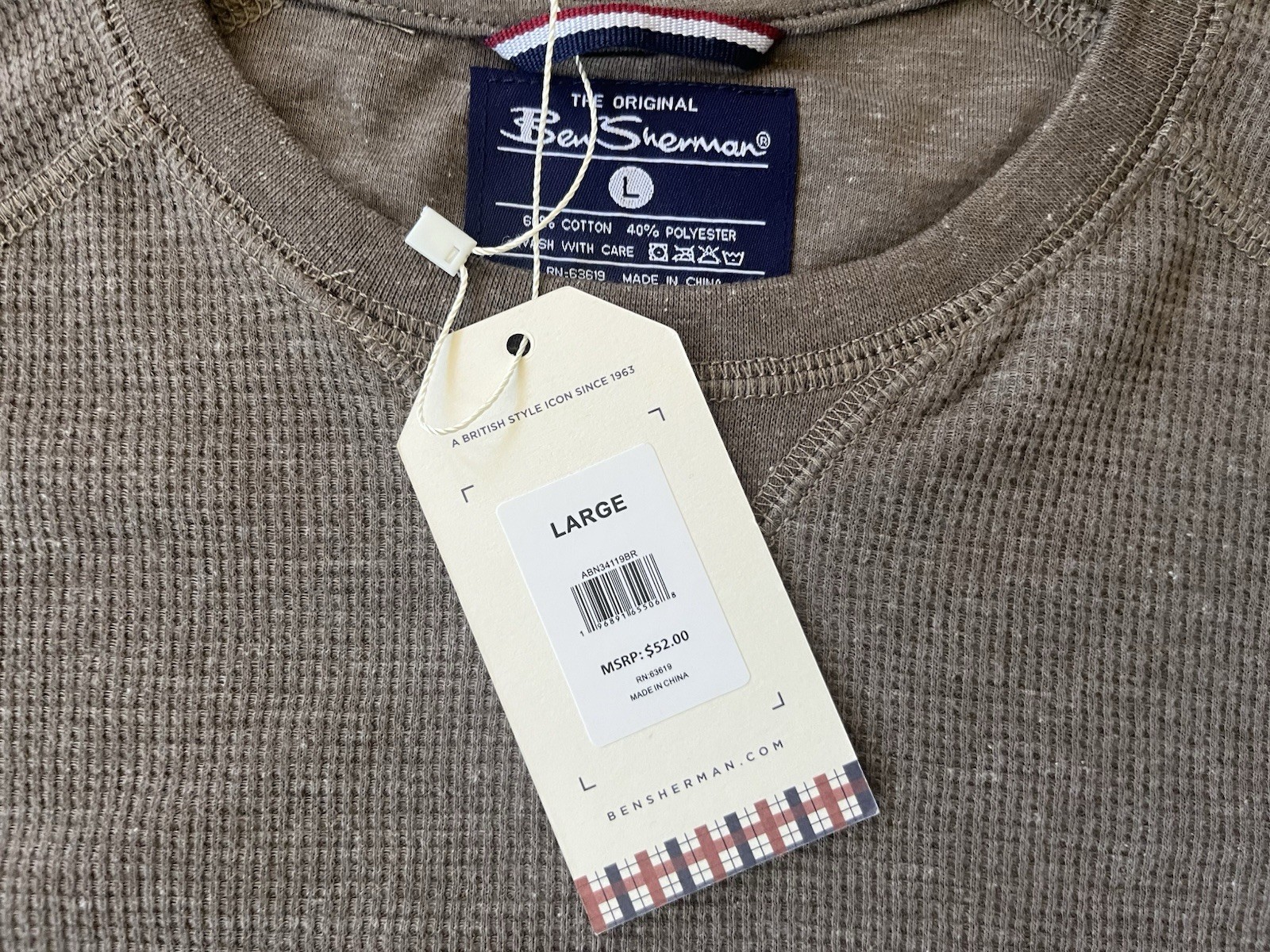 Men Ben Sherman Thermal Waffle-Knit Long Sleeve Brown Shirt Loungewear NWT $52 L