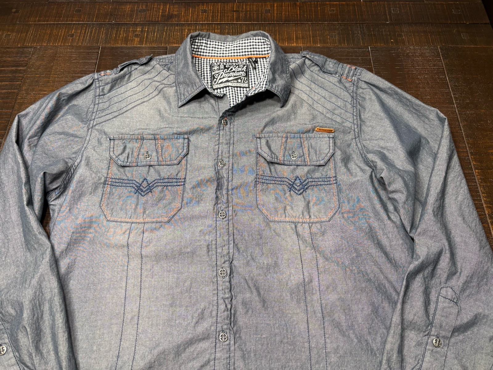 Affliction Mens Size XL Slim Gray Black Premium Embroidered Button Up Shirt