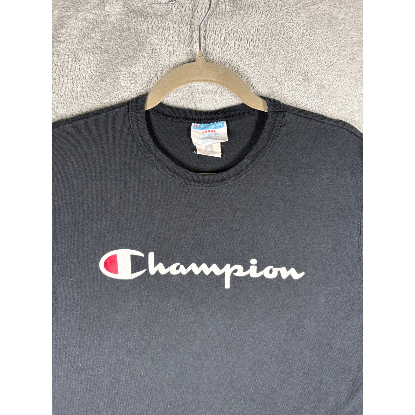 Champion Mens T-Shirt Large Black Script Logo Short Sleeve GT19 BKC Sportswear