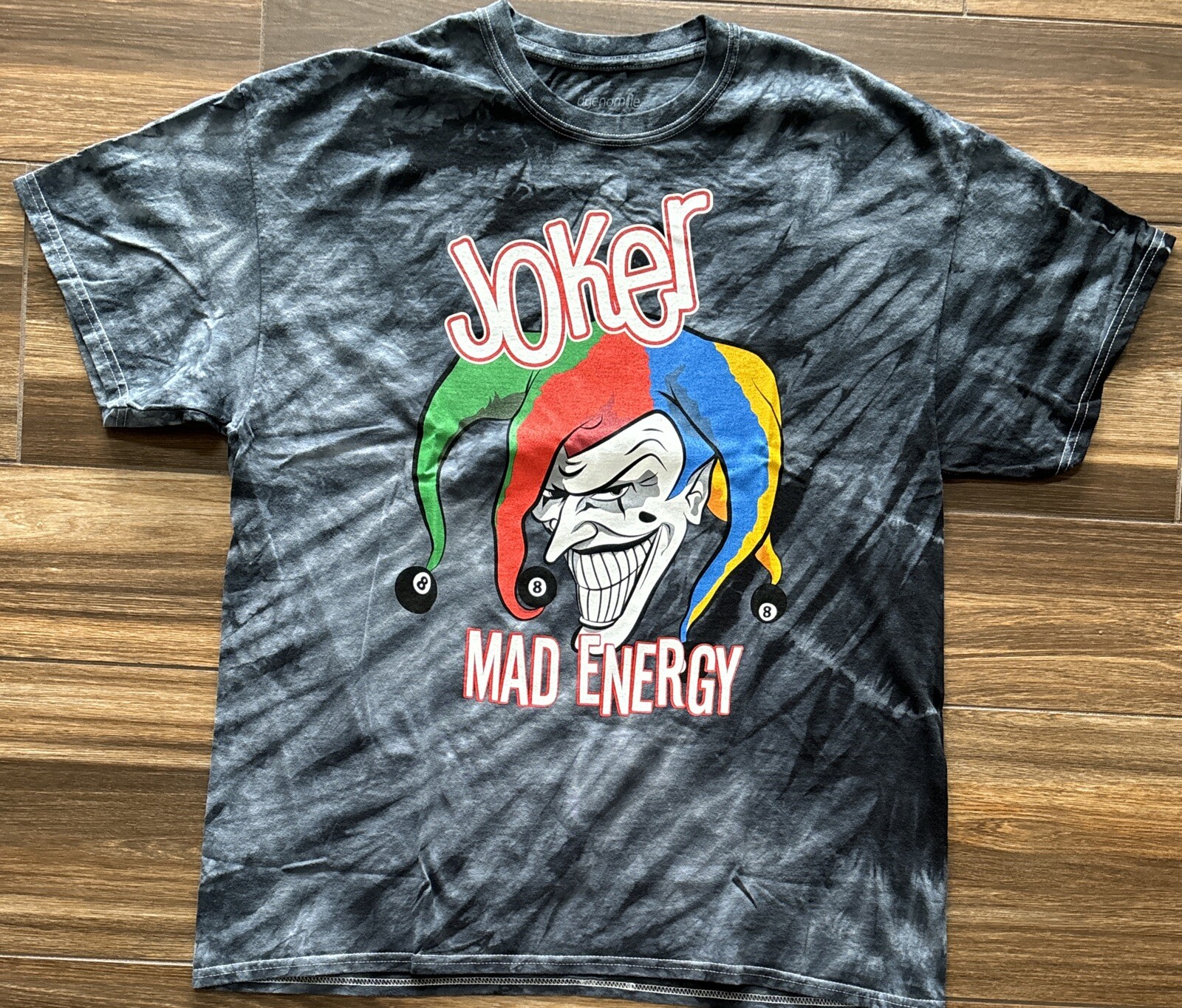 Joker Mad Energy Tie Dye T-Shirt – NEW Adult XL – Black/Grey – Circle K