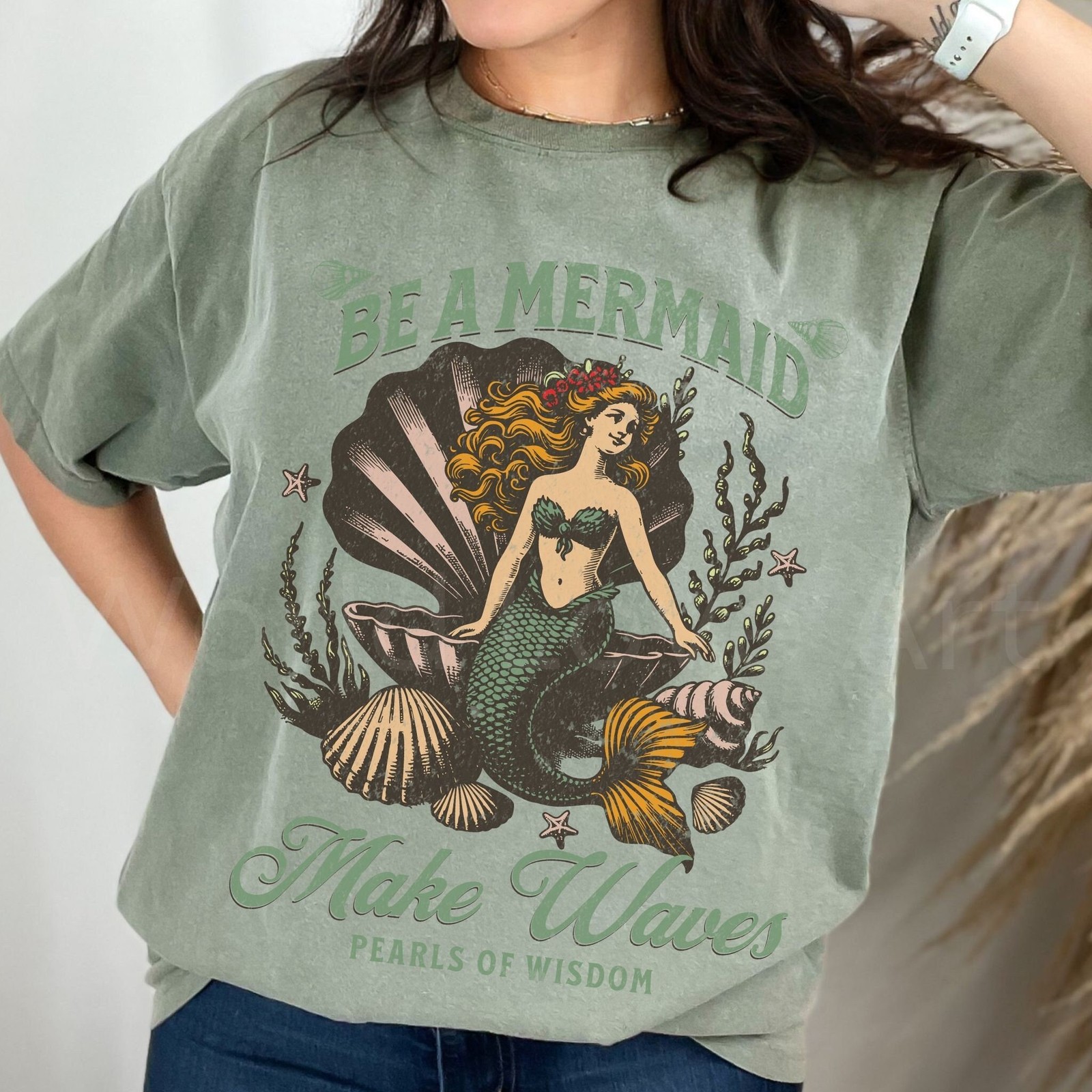 Vintage Mermaid Shirt Beach T-Shirt Summer Tee Vacation Gifts Vacay Pearls