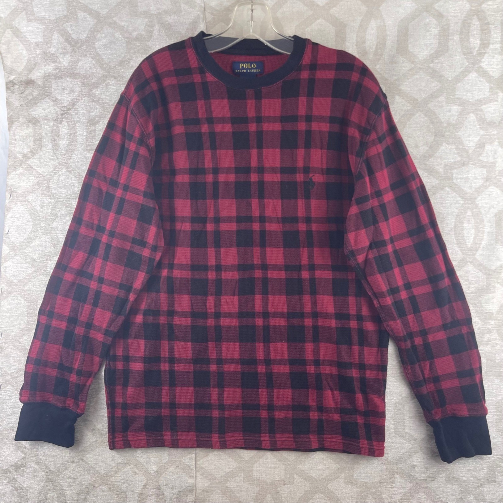 Polo Ralph Lauren Mens Red Black Buffalo Plaid Waffle Knit Thermal Shirt Large