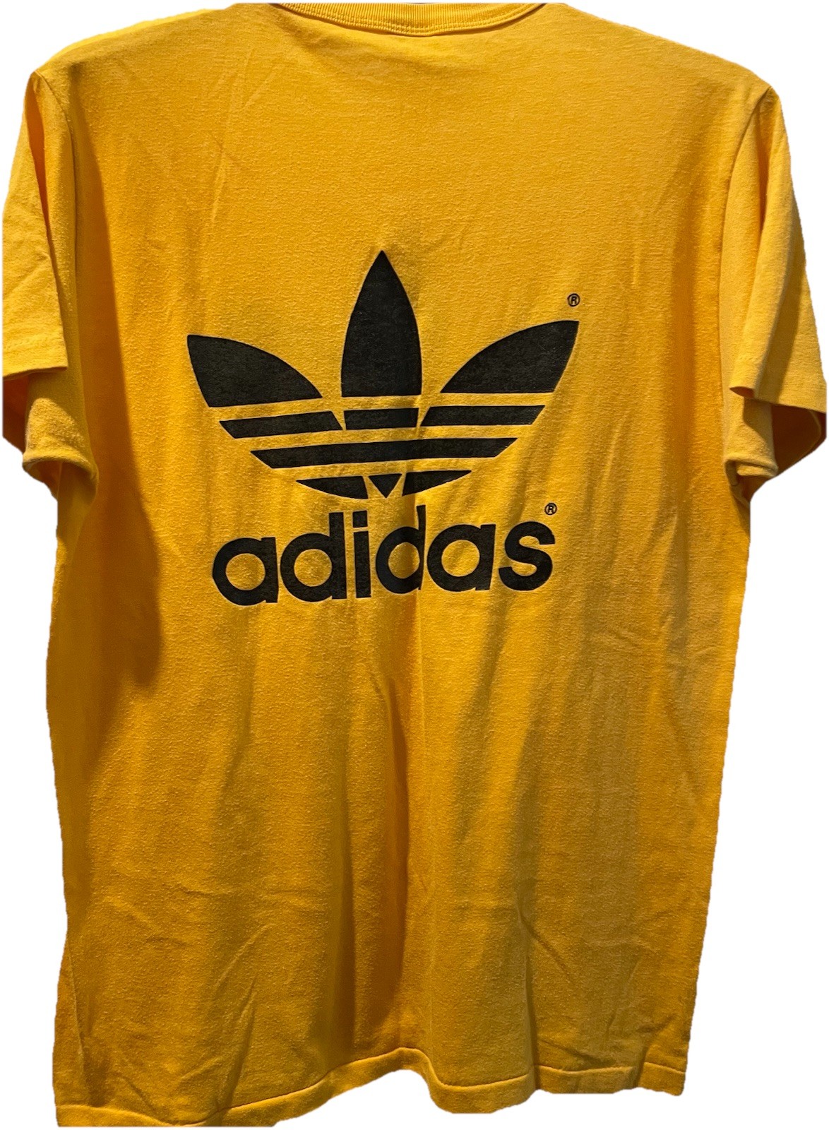 Vintage 80s ADIDAS Trefoil Logo Double Sided T Shirt 50/50 Mustard Yellow L/XL